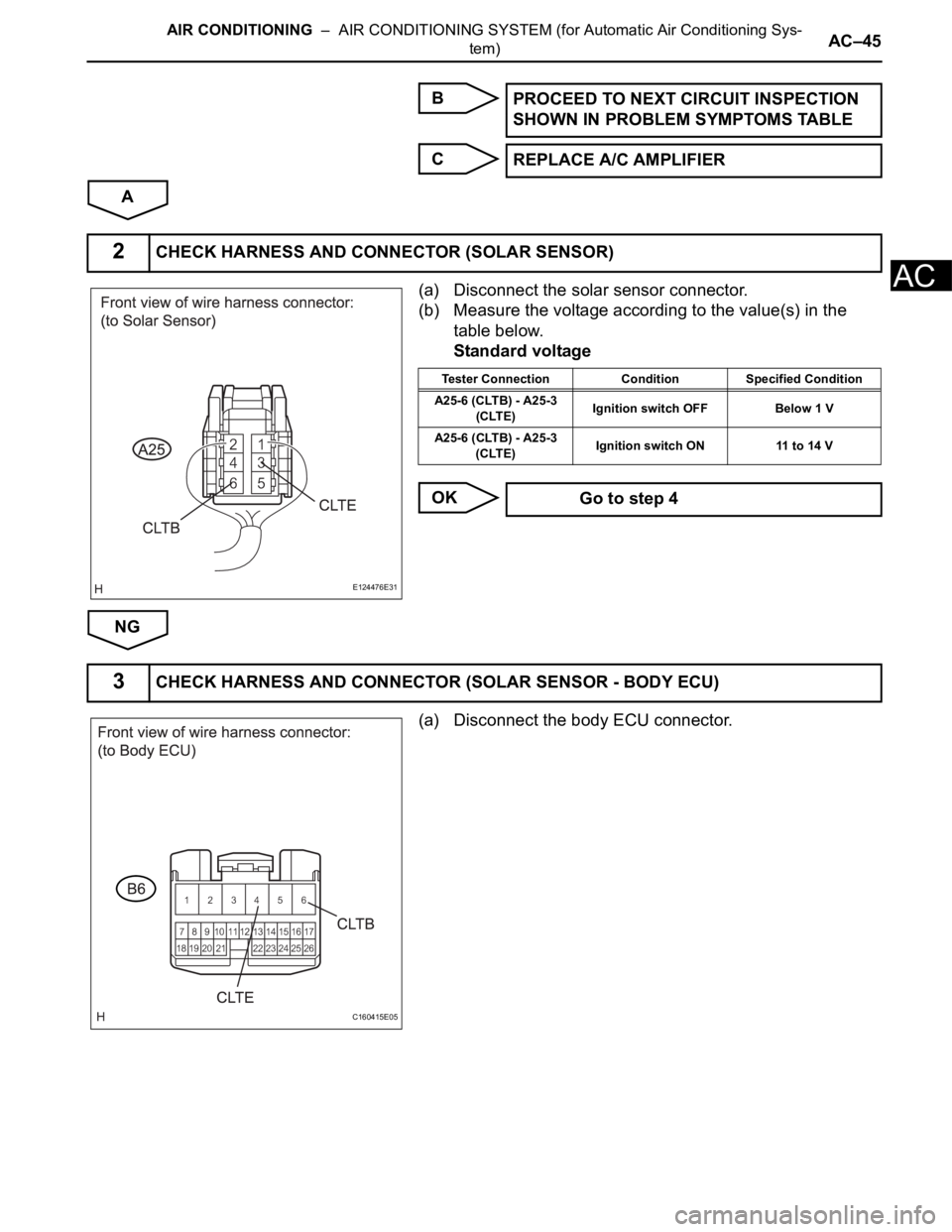 TOYOTA SIENNA 2007 Service Repair Manual AIR CONDITIONING – AIR CONDITIONING SYSTEM (for Automatic Air Conditioning Sys-
tem)AC–45
AC
B
C
A
(a) Disconnect the solar sensor connector.
(b) Measure the voltage according to the value(s) in TOYOTA SIENNA 2007 Service Repair Manual AIR CONDITIONING – AIR CONDITIONING SYSTEM (for Automatic Air Conditioning Sys-
tem)AC–45
AC
B
C
A
(a) Disconnect the solar sensor connector.
(b) Measure the voltage according to the value(s) in