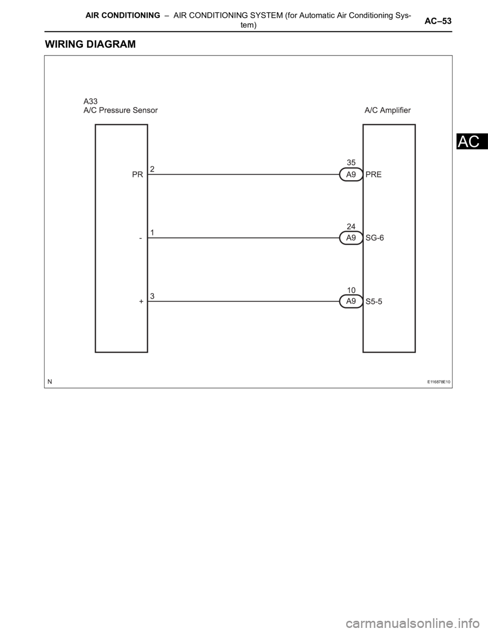 TOYOTA SIENNA 2007 Service Repair Manual AIR CONDITIONING – AIR CONDITIONING SYSTEM (for Automatic Air Conditioning Sys-
tem)AC–53
AC
WIRING DIAGRAM
E116878E10 TOYOTA SIENNA 2007 Service Repair Manual AIR CONDITIONING – AIR CONDITIONING SYSTEM (for Automatic Air Conditioning Sys-
tem)AC–53
AC
WIRING DIAGRAM
E116878E10