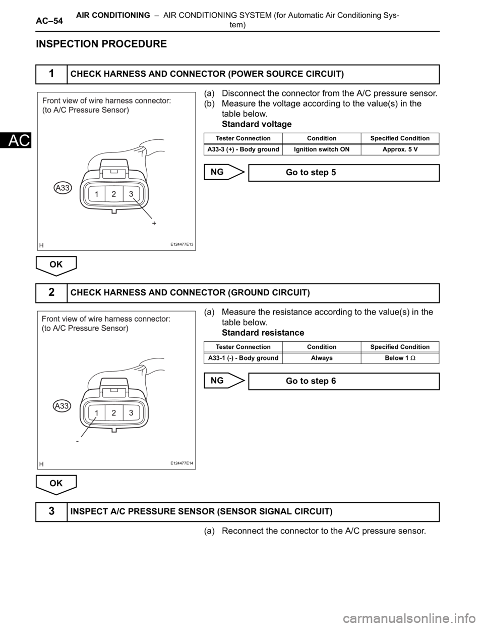 TOYOTA SIENNA 2007 Service Repair Manual AC–54AIR CONDITIONING – AIR CONDITIONING SYSTEM (for Automatic Air Conditioning Sys-
tem)
AC
INSPECTION PROCEDURE
(a) Disconnect the connector from the A/C pressure sensor.
(b) Measure the volta TOYOTA SIENNA 2007 Service Repair Manual AC–54AIR CONDITIONING – AIR CONDITIONING SYSTEM (for Automatic Air Conditioning Sys-
tem)
AC
INSPECTION PROCEDURE
(a) Disconnect the connector from the A/C pressure sensor.
(b) Measure the volta