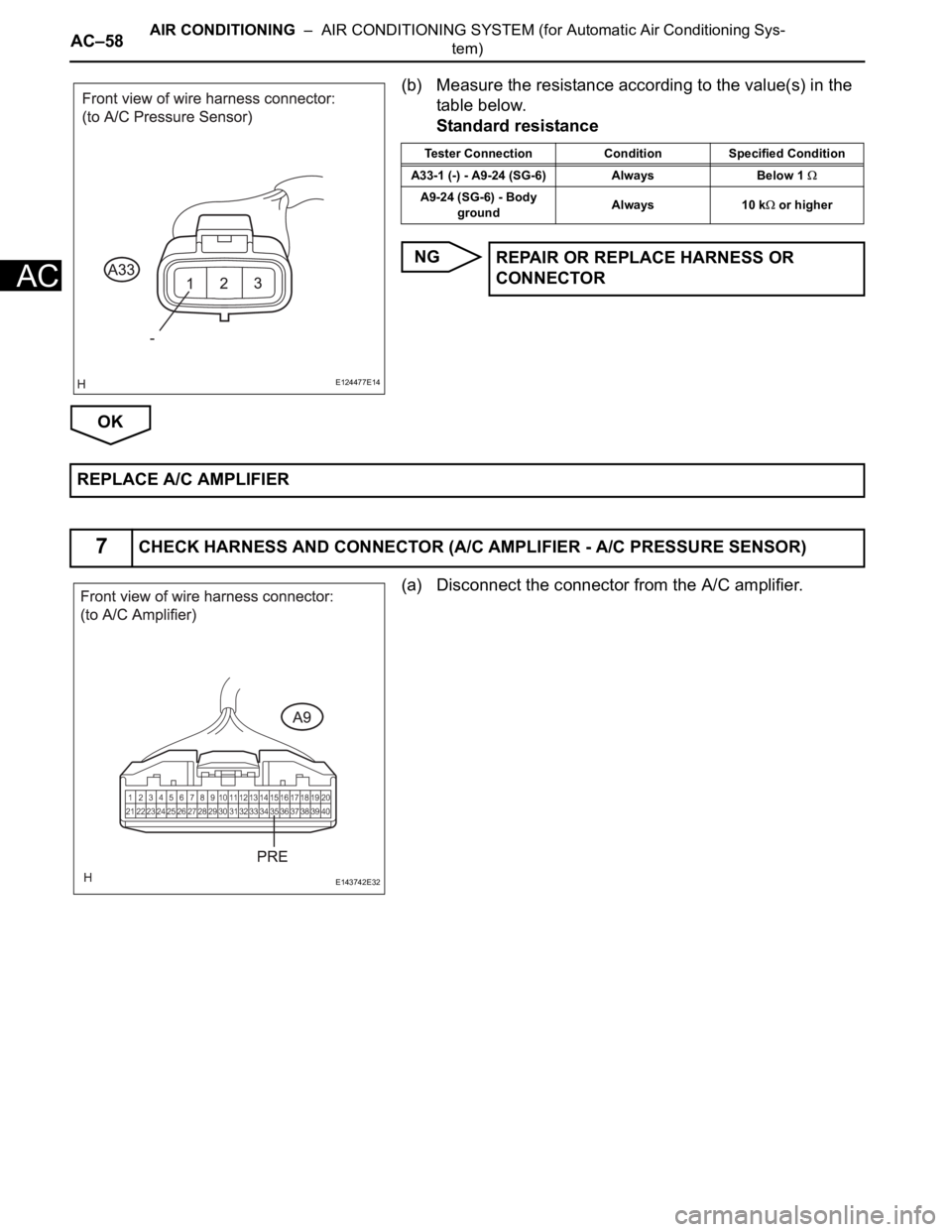 TOYOTA SIENNA 2007  Service Repair Manual AC–58AIR CONDITIONING  –  AIR CONDITIONING SYSTEM (for Automatic Air Conditioning Sys-
tem)
AC
(b) Measure the resistance according to the value(s) in the 
table below.
Standard resistance
NG
OK
(