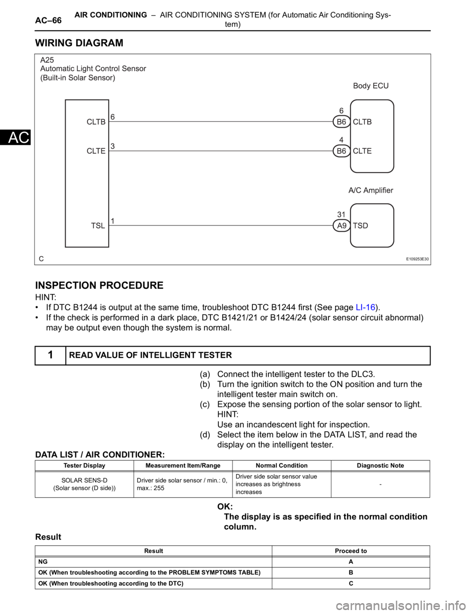TOYOTA SIENNA 2007  Service Repair Manual AC–66AIR CONDITIONING  –  AIR CONDITIONING SYSTEM (for Automatic Air Conditioning Sys-
tem)
AC
WIRING DIAGRAM
INSPECTION PROCEDURE
HINT:
• If DTC B1244 is output at the same time, troubleshoot D