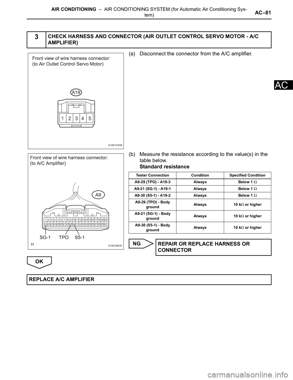TOYOTA SIENNA 2007  Service Repair Manual AIR CONDITIONING  –  AIR CONDITIONING SYSTEM (for Automatic Air Conditioning Sys-
tem)AC–81
AC
(a) Disconnect the connector from the A/C amplifier.
(b) Measure the resistance according to the valu