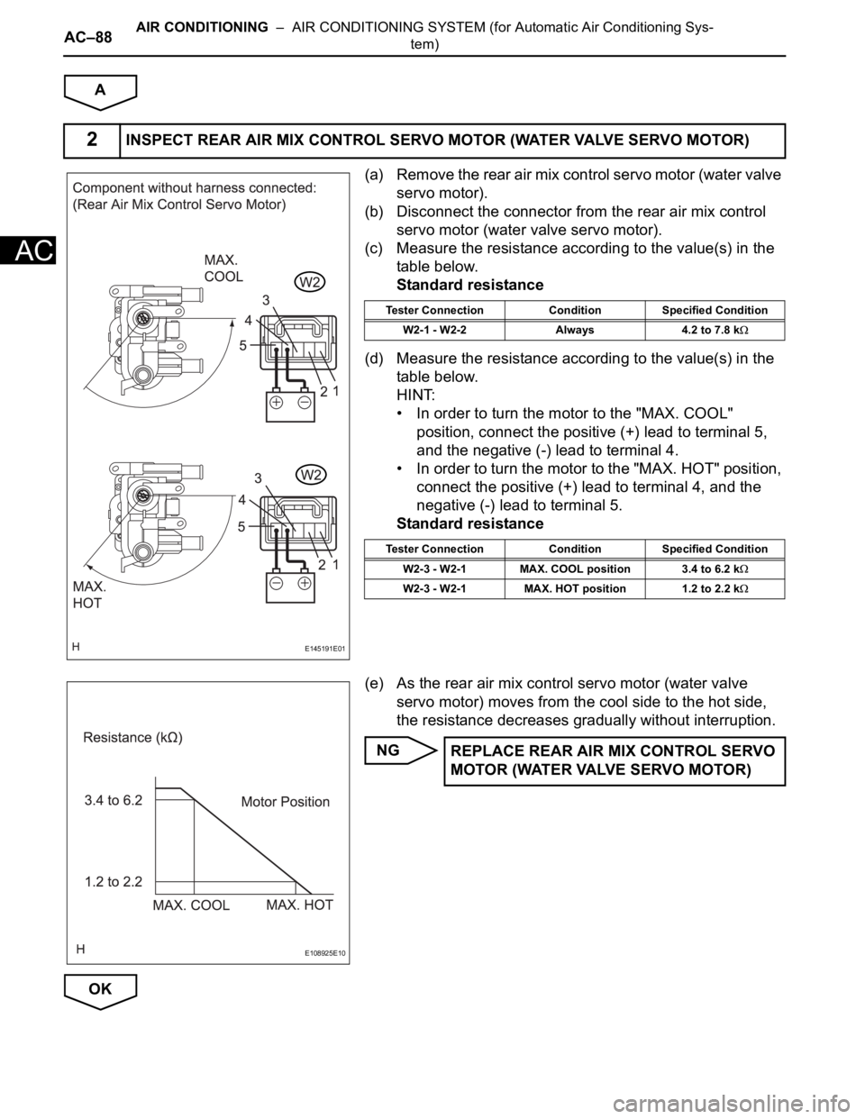TOYOTA SIENNA 2007  Service Repair Manual AC–88AIR CONDITIONING  –  AIR CONDITIONING SYSTEM (for Automatic Air Conditioning Sys-
tem)
AC
A
(a) Remove the rear air mix control servo motor (water valve 
servo motor).
(b) Disconnect the conn