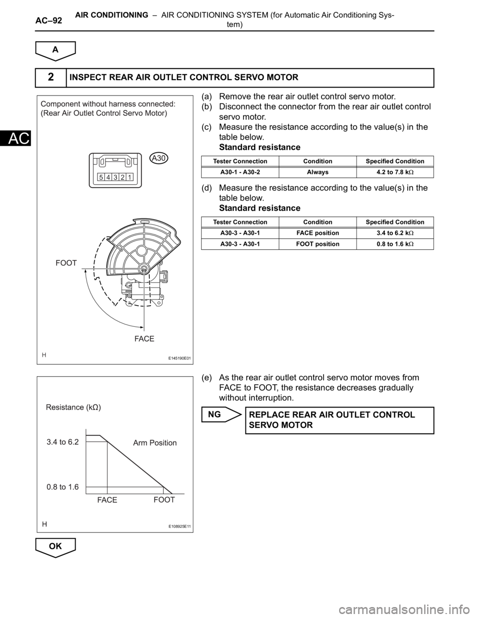 TOYOTA SIENNA 2007  Service Repair Manual AC–92AIR CONDITIONING  –  AIR CONDITIONING SYSTEM (for Automatic Air Conditioning Sys-
tem)
AC
A
(a) Remove the rear air outlet control servo motor.
(b) Disconnect the connector from the rear air 