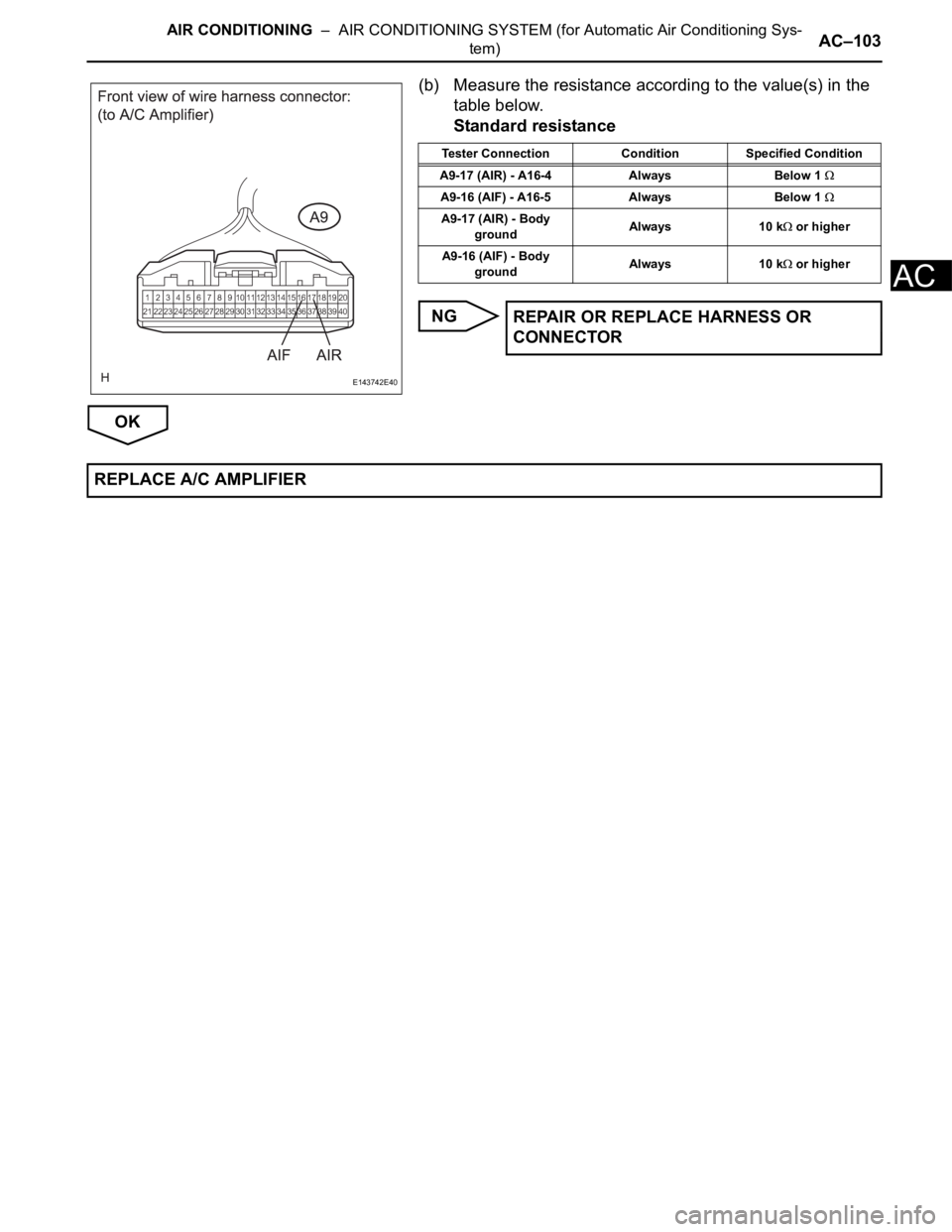 TOYOTA SIENNA 2007  Service Repair Manual AIR CONDITIONING  –  AIR CONDITIONING SYSTEM (for Automatic Air Conditioning Sys-
tem)AC–103
AC
(b) Measure the resistance according to the value(s) in the 
table below.
Standard resistance
NG
OK
