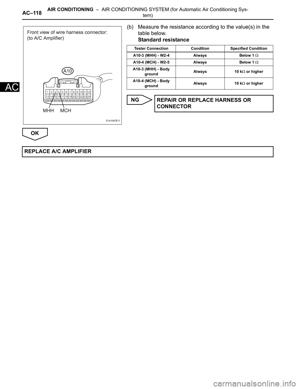 TOYOTA SIENNA 2007  Service Repair Manual AC–118AIR CONDITIONING  –  AIR CONDITIONING SYSTEM (for Automatic Air Conditioning Sys-
tem)
AC
(b) Measure the resistance according to the value(s) in the 
table below.
Standard resistance
NG
OK
