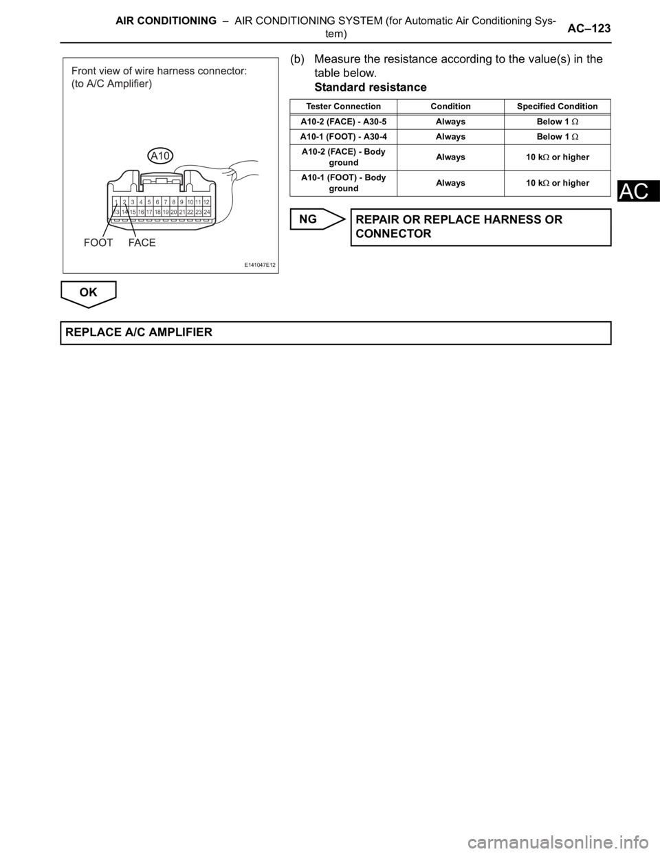 TOYOTA SIENNA 2007  Service Repair Manual AIR CONDITIONING  –  AIR CONDITIONING SYSTEM (for Automatic Air Conditioning Sys-
tem)AC–123
AC
(b) Measure the resistance according to the value(s) in the 
table below.
Standard resistance
NG
OK
