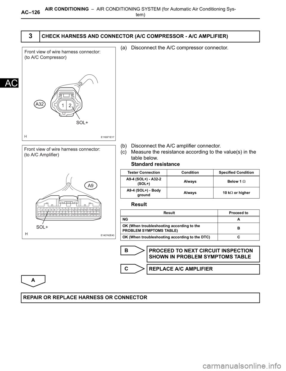 TOYOTA SIENNA 2007  Service Repair Manual AC–126AIR CONDITIONING  –  AIR CONDITIONING SYSTEM (for Automatic Air Conditioning Sys-
tem)
AC
(a) Disconnect the A/C compressor connector.
(b) Disconnect the A/C amplifier connector.
(c) Measure