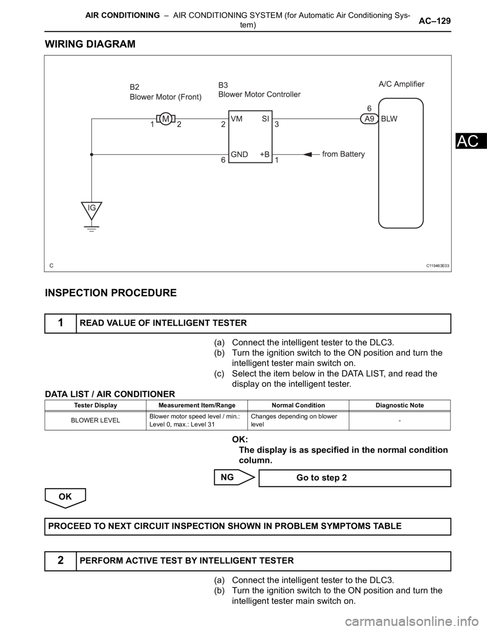 TOYOTA SIENNA 2007 Service Repair Manual AIR CONDITIONING – AIR CONDITIONING SYSTEM (for Automatic Air Conditioning Sys-
tem)AC–129
AC
WIRING DIAGRAM
INSPECTION PROCEDURE
(a) Connect the intelligent tester to the DLC3.
(b) Turn the ign TOYOTA SIENNA 2007 Service Repair Manual AIR CONDITIONING – AIR CONDITIONING SYSTEM (for Automatic Air Conditioning Sys-
tem)AC–129
AC
WIRING DIAGRAM
INSPECTION PROCEDURE
(a) Connect the intelligent tester to the DLC3.
(b) Turn the ign