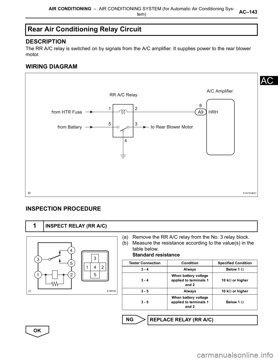 TOYOTA SIENNA 2007 Service Repair Manual AIR CONDITIONING – AIR CONDITIONING SYSTEM (for Automatic Air Conditioning Sys-
tem)AC–143
AC
DESCRIPTION
The RR A/C relay is switched on by signals from the A/C amplifier. It supplies power to TOYOTA SIENNA 2007 Service Repair Manual AIR CONDITIONING – AIR CONDITIONING SYSTEM (for Automatic Air Conditioning Sys-
tem)AC–143
AC
DESCRIPTION
The RR A/C relay is switched on by signals from the A/C amplifier. It supplies power to