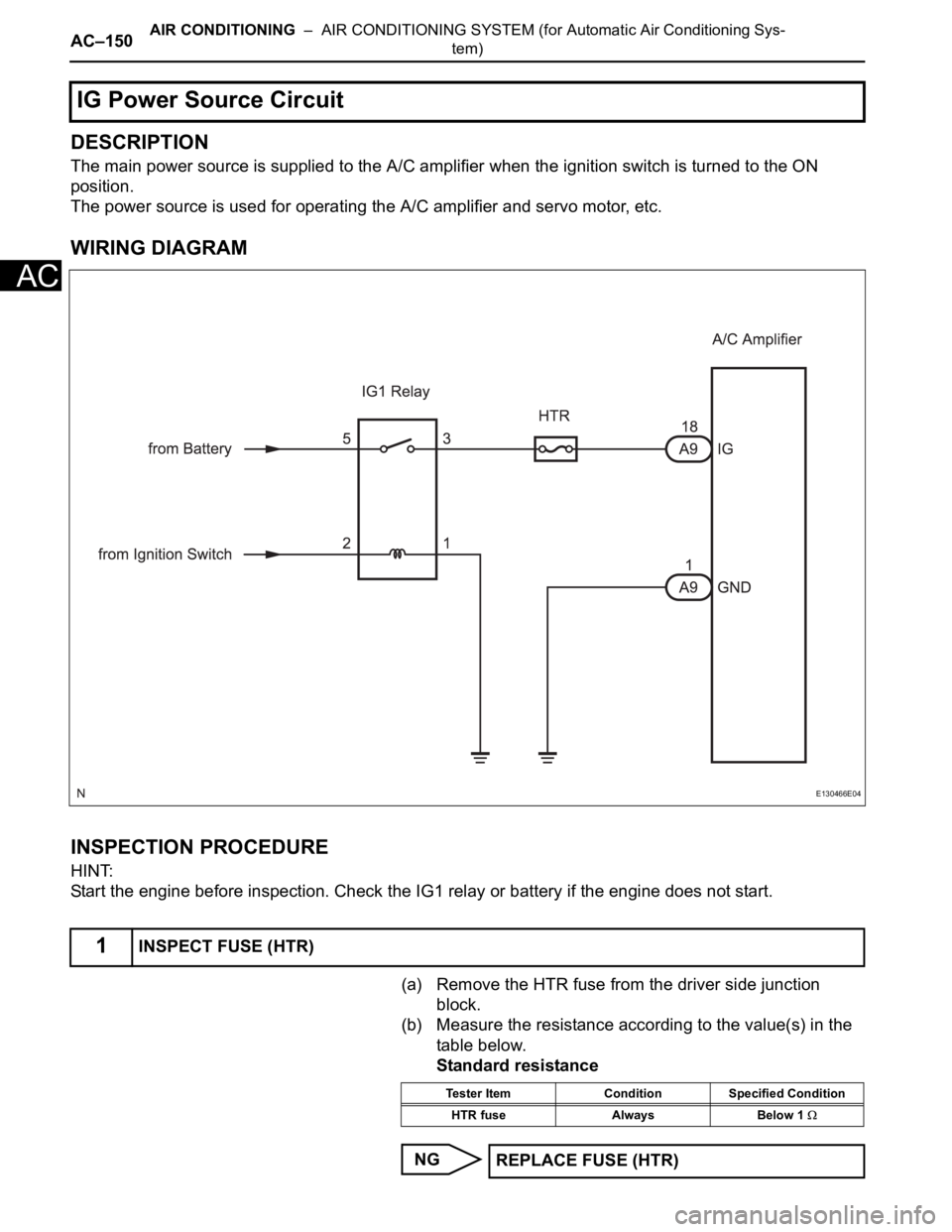 TOYOTA SIENNA 2007 Service Repair Manual AC–150AIR CONDITIONING – AIR CONDITIONING SYSTEM (for Automatic Air Conditioning Sys-
tem)
AC
DESCRIPTION
The main power source is supplied to the A/C amplifier when the ignition switch is turne TOYOTA SIENNA 2007 Service Repair Manual AC–150AIR CONDITIONING – AIR CONDITIONING SYSTEM (for Automatic Air Conditioning Sys-
tem)
AC
DESCRIPTION
The main power source is supplied to the A/C amplifier when the ignition switch is turne