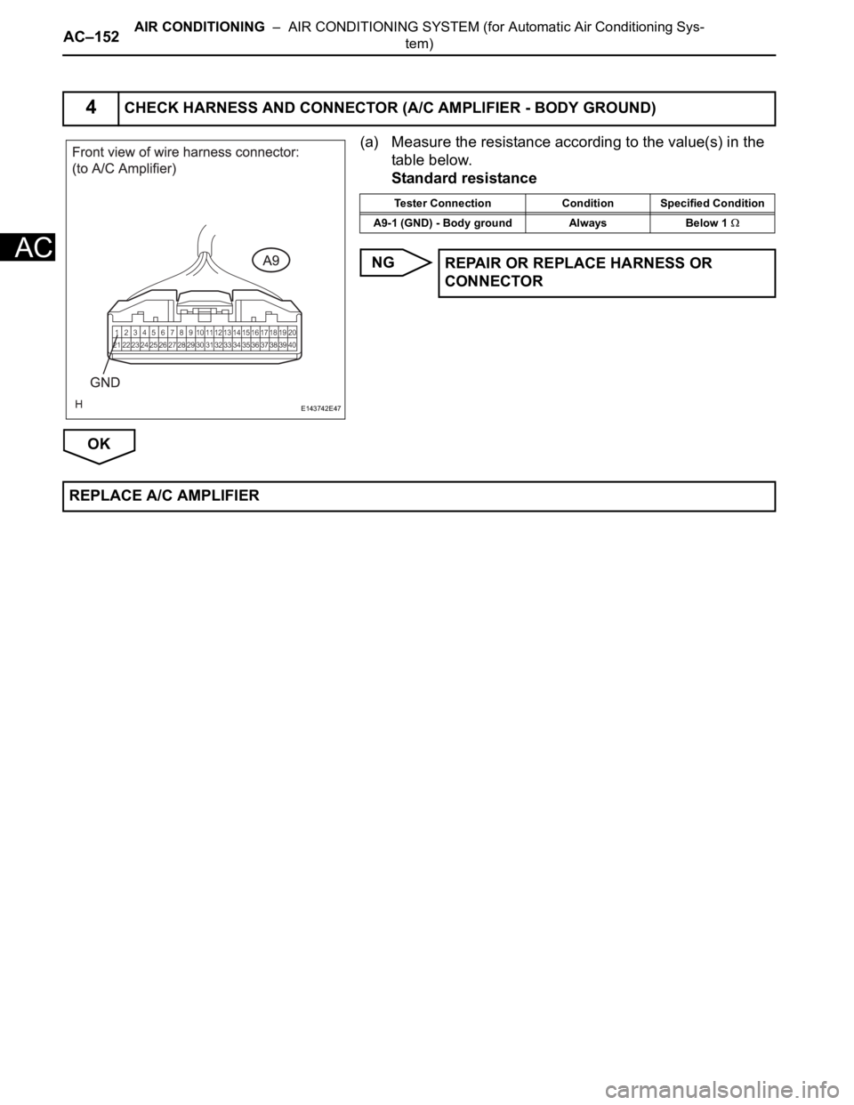 TOYOTA SIENNA 2007 Service Repair Manual AC–152AIR CONDITIONING – AIR CONDITIONING SYSTEM (for Automatic Air Conditioning Sys-
tem)
AC
(a) Measure the resistance according to the value(s) in the
table below.
Standard resistance
NG
OK
TOYOTA SIENNA 2007 Service Repair Manual AC–152AIR CONDITIONING – AIR CONDITIONING SYSTEM (for Automatic Air Conditioning Sys-
tem)
AC
(a) Measure the resistance according to the value(s) in the
table below.
Standard resistance
NG
OK