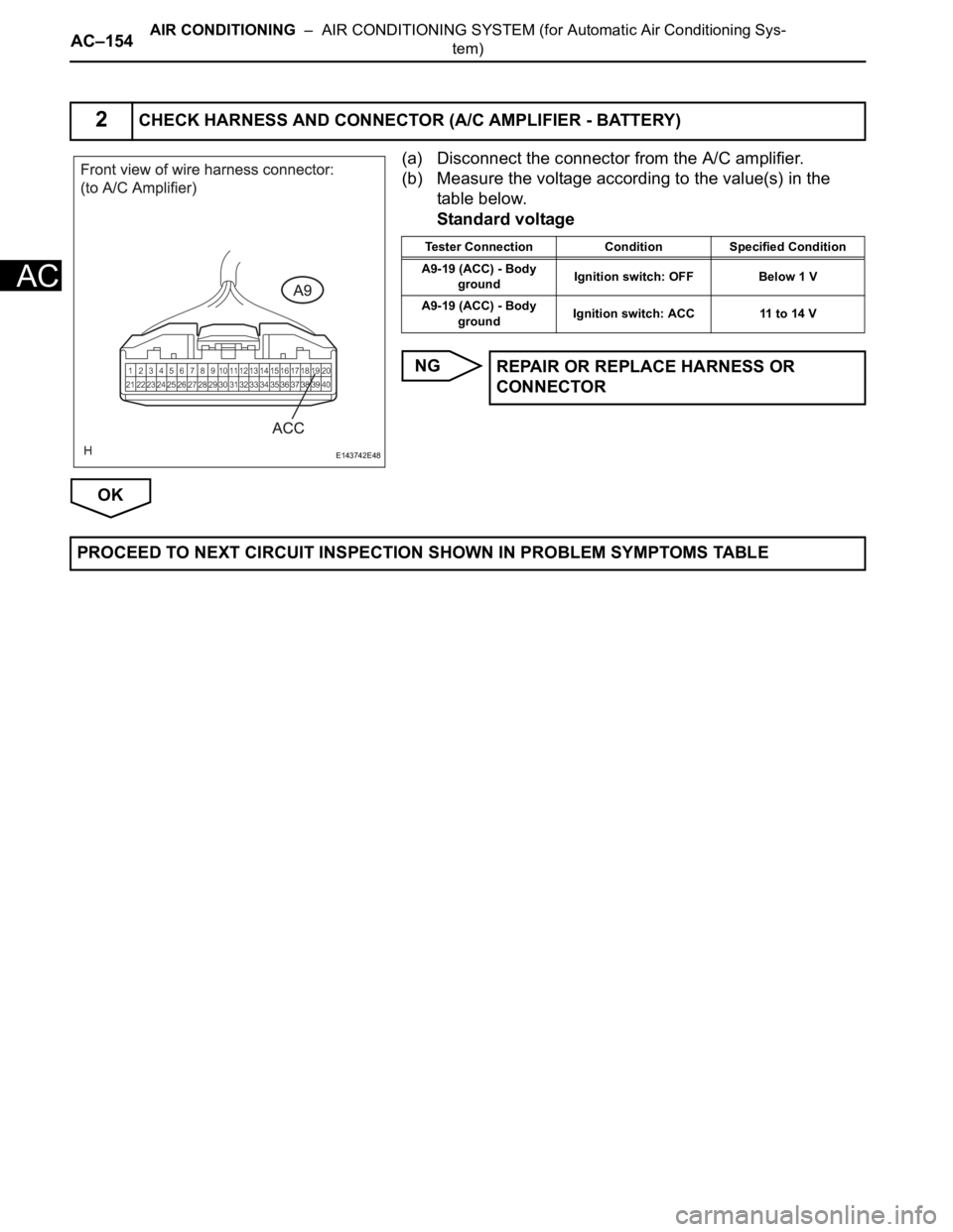 TOYOTA SIENNA 2007 Service Repair Manual AC–154AIR CONDITIONING – AIR CONDITIONING SYSTEM (for Automatic Air Conditioning Sys-
tem)
AC
(a) Disconnect the connector from the A/C amplifier.
(b) Measure the voltage according to the value( TOYOTA SIENNA 2007 Service Repair Manual AC–154AIR CONDITIONING – AIR CONDITIONING SYSTEM (for Automatic Air Conditioning Sys-
tem)
AC
(a) Disconnect the connector from the A/C amplifier.
(b) Measure the voltage according to the value(