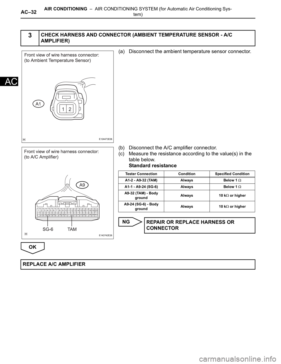 TOYOTA SIENNA 2007 Service Repair Manual AC–32AIR CONDITIONING – AIR CONDITIONING SYSTEM (for Automatic Air Conditioning Sys-
tem)
AC
(a) Disconnect the ambient temperature sensor connector.
(b) Disconnect the A/C amplifier connector.
TOYOTA SIENNA 2007 Service Repair Manual AC–32AIR CONDITIONING – AIR CONDITIONING SYSTEM (for Automatic Air Conditioning Sys-
tem)
AC
(a) Disconnect the ambient temperature sensor connector.
(b) Disconnect the A/C amplifier connector.