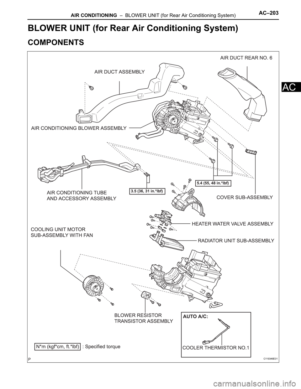 TOYOTA SIENNA 2007 Service Repair Manual AIR CONDITIONING – BLOWER UNIT (for Rear Air Conditioning System)AC–203
AC
HEATER & AIR CONDITIONING SYSTEM
AIR CONDITIONING
BLOWER UNIT (for Rear Air Conditioning System)
COMPONENTS
C119346E01 TOYOTA SIENNA 2007 Service Repair Manual AIR CONDITIONING – BLOWER UNIT (for Rear Air Conditioning System)AC–203
AC
HEATER & AIR CONDITIONING SYSTEM
AIR CONDITIONING
BLOWER UNIT (for Rear Air Conditioning System)
COMPONENTS
C119346E01