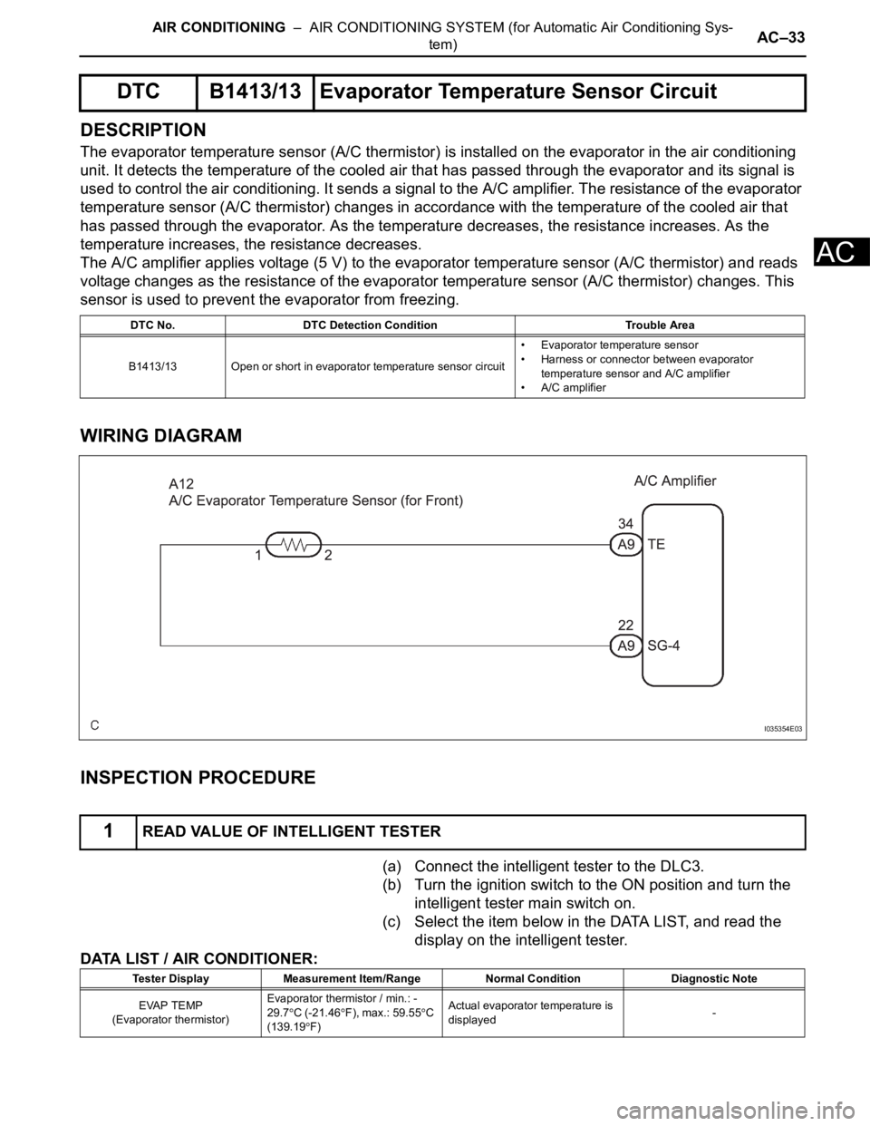TOYOTA SIENNA 2007 Service Repair Manual AIR CONDITIONING – AIR CONDITIONING SYSTEM (for Automatic Air Conditioning Sys-
tem)AC–33
AC
DESCRIPTION
The evaporator temperature sensor (A/C thermistor) is installed on the evaporator in the TOYOTA SIENNA 2007 Service Repair Manual AIR CONDITIONING – AIR CONDITIONING SYSTEM (for Automatic Air Conditioning Sys-
tem)AC–33
AC
DESCRIPTION
The evaporator temperature sensor (A/C thermistor) is installed on the evaporator in the