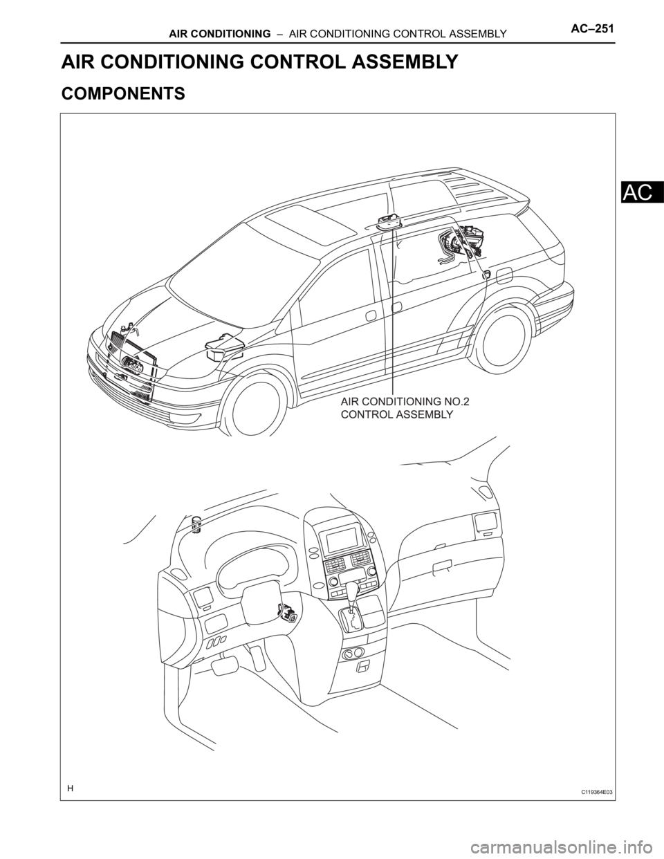 TOYOTA SIENNA 2007  Service Repair Manual AIR CONDITIONING  –  AIR CONDITIONING CONTROL ASSEMBLYAC–251
AC
HEATER & AIR CONDITIONING SYSTEM
AIR CONDITIONING
AIR CONDITIONING CONTROL ASSEMBLY
COMPONENTS
C119364E03 