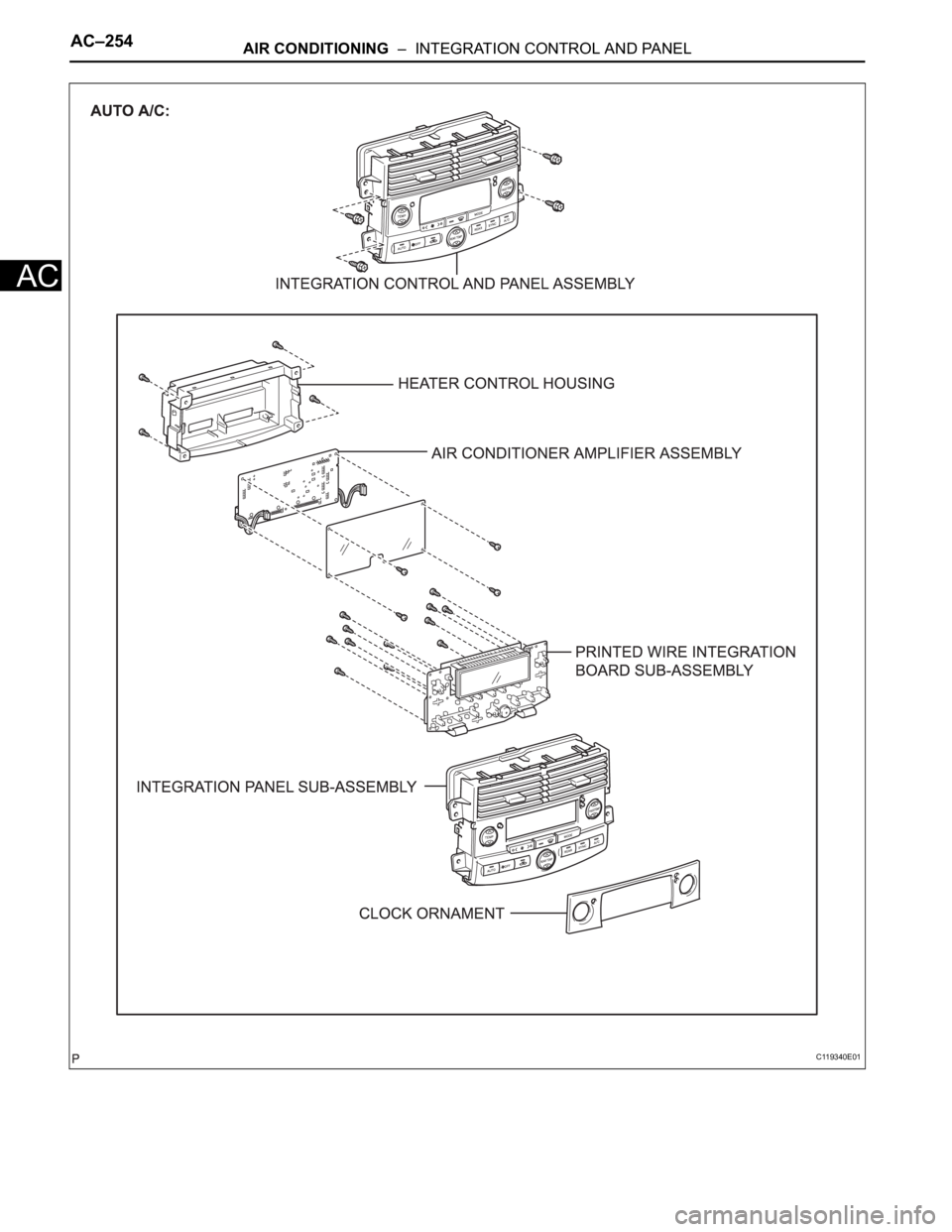 TOYOTA SIENNA 2007  Service Repair Manual AC–254AIR CONDITIONING  –  INTEGRATION CONTROL AND PANEL
AC
C119340E01 