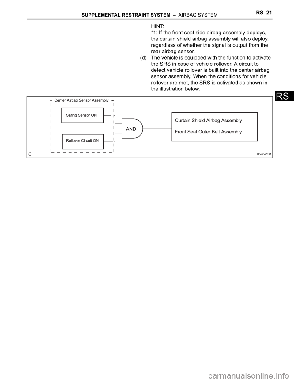 TOYOTA SIENNA 2007  Service Repair Manual SUPPLEMENTAL RESTRAINT SYSTEM  –  AIRBAG SYSTEMRS–21
RS
HINT:
*1: If the front seat side airbag assembly deploys, 
the curtain shield airbag assembly will also deploy, 
regardless of whether the s