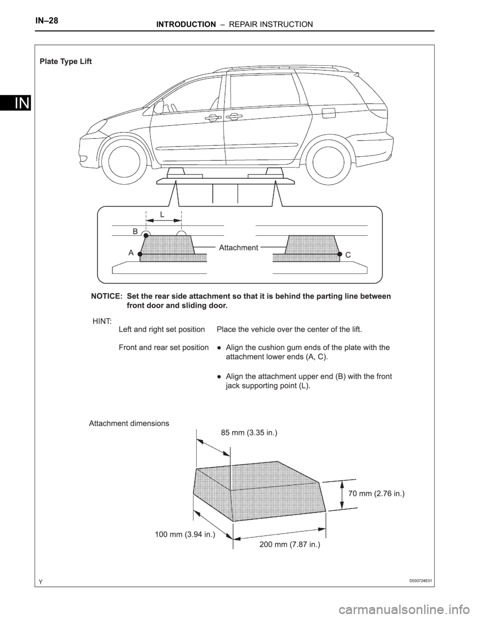 TOYOTA SIENNA 2007  Service Repair Manual IN–28INTRODUCTION  –  REPAIR INSTRUCTION
IN
D030724E01 