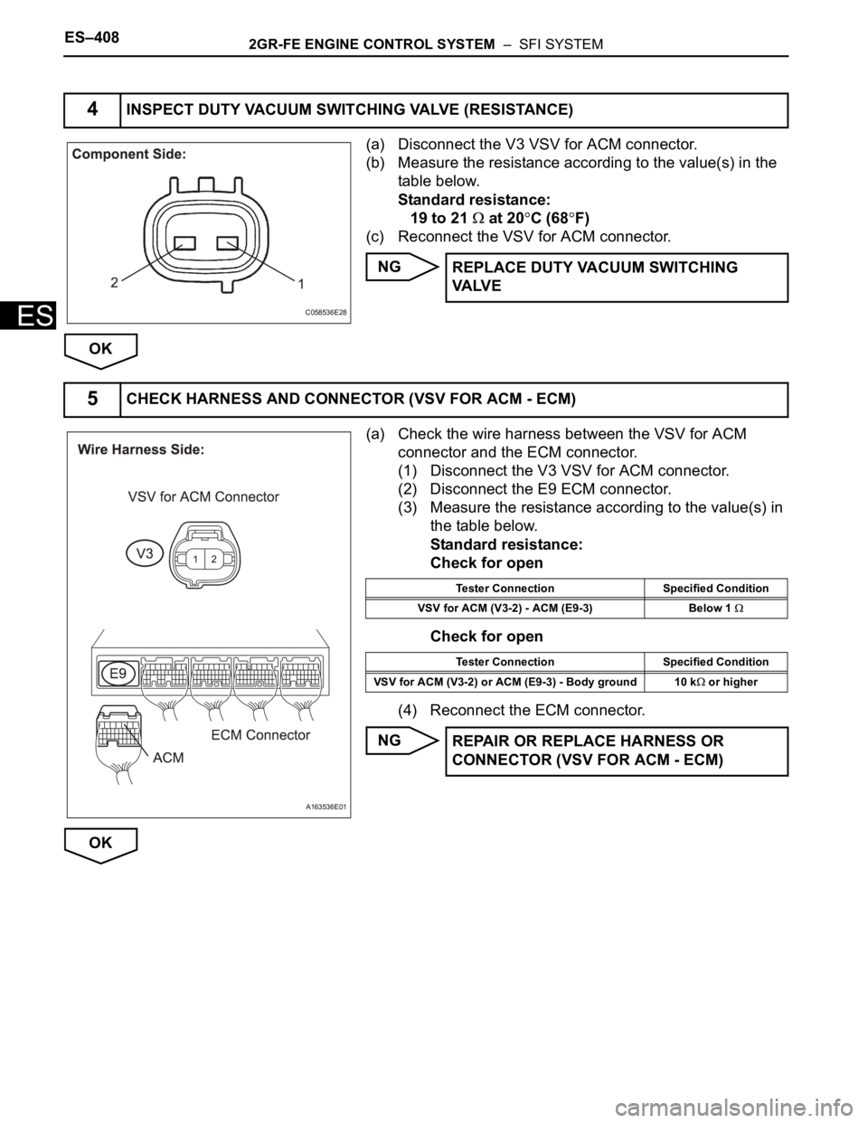 TOYOTA SIENNA 2007 Service Repair Manual ES–4082GR-FE ENGINE CONTROL SYSTEM – SFI SYSTEM
ES
(a) Disconnect the V3 VSV for ACM connector.
(b) Measure the resistance according to the value(s) in the
table below.
Standard resistance:
19 TOYOTA SIENNA 2007 Service Repair Manual ES–4082GR-FE ENGINE CONTROL SYSTEM – SFI SYSTEM
ES
(a) Disconnect the V3 VSV for ACM connector.
(b) Measure the resistance according to the value(s) in the
table below.
Standard resistance:
19