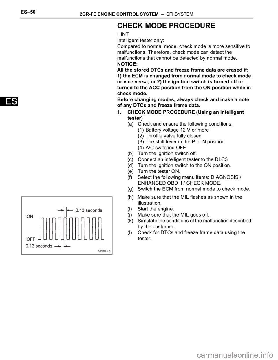 TOYOTA SIENNA 2007 Service Repair Manual ES–502GR-FE ENGINE CONTROL SYSTEM – SFI SYSTEM
ES
CHECK MODE PROCEDURE
HINT:
Intelligent tester only:
Compared to normal mode, check mode is more sensitive to
malfunctions. Therefore, check mod TOYOTA SIENNA 2007 Service Repair Manual ES–502GR-FE ENGINE CONTROL SYSTEM – SFI SYSTEM
ES
CHECK MODE PROCEDURE
HINT:
Intelligent tester only:
Compared to normal mode, check mode is more sensitive to
malfunctions. Therefore, check mod
