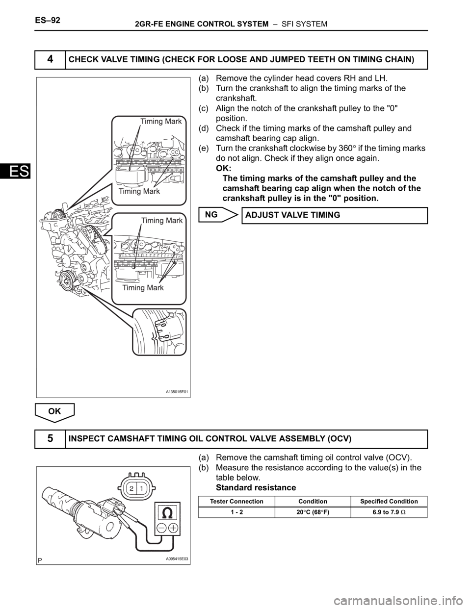 TOYOTA SIENNA 2007 Service Repair Manual ES–922GR-FE ENGINE CONTROL SYSTEM – SFI SYSTEM
ES
(a) Remove the cylinder head covers RH and LH.
(b) Turn the crankshaft to align the timing marks of the
crankshaft.
(c) Align the notch of the TOYOTA SIENNA 2007 Service Repair Manual ES–922GR-FE ENGINE CONTROL SYSTEM – SFI SYSTEM
ES
(a) Remove the cylinder head covers RH and LH.
(b) Turn the crankshaft to align the timing marks of the
crankshaft.
(c) Align the notch of the