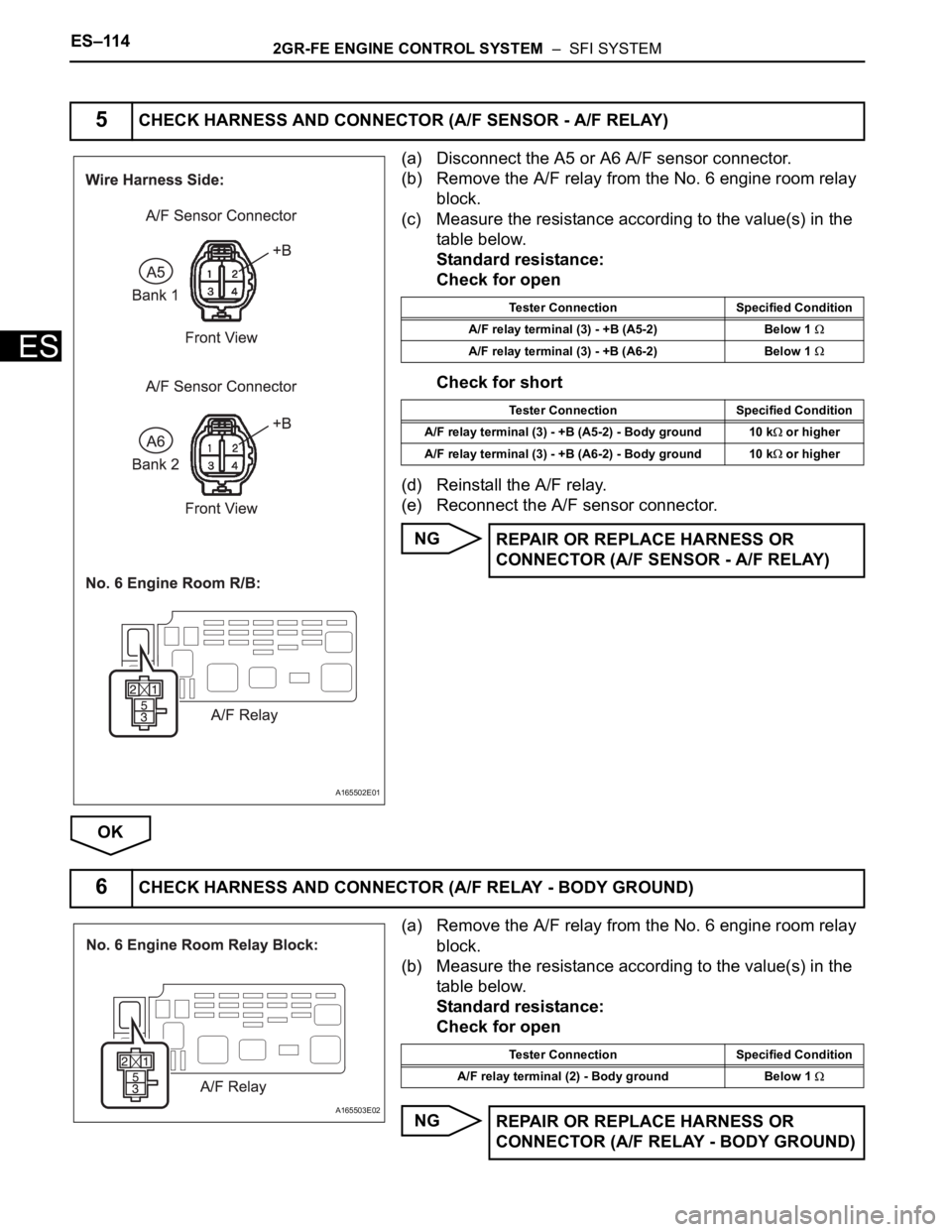 TOYOTA SIENNA 2007 Service Repair Manual ES–1142GR-FE ENGINE CONTROL SYSTEM – SFI SYSTEM
ES
(a) Disconnect the A5 or A6 A/F sensor connector.
(b) Remove the A/F relay from the No. 6 engine room relay
block.
(c) Measure the resistance TOYOTA SIENNA 2007 Service Repair Manual ES–1142GR-FE ENGINE CONTROL SYSTEM – SFI SYSTEM
ES
(a) Disconnect the A5 or A6 A/F sensor connector.
(b) Remove the A/F relay from the No. 6 engine room relay
block.
(c) Measure the resistance