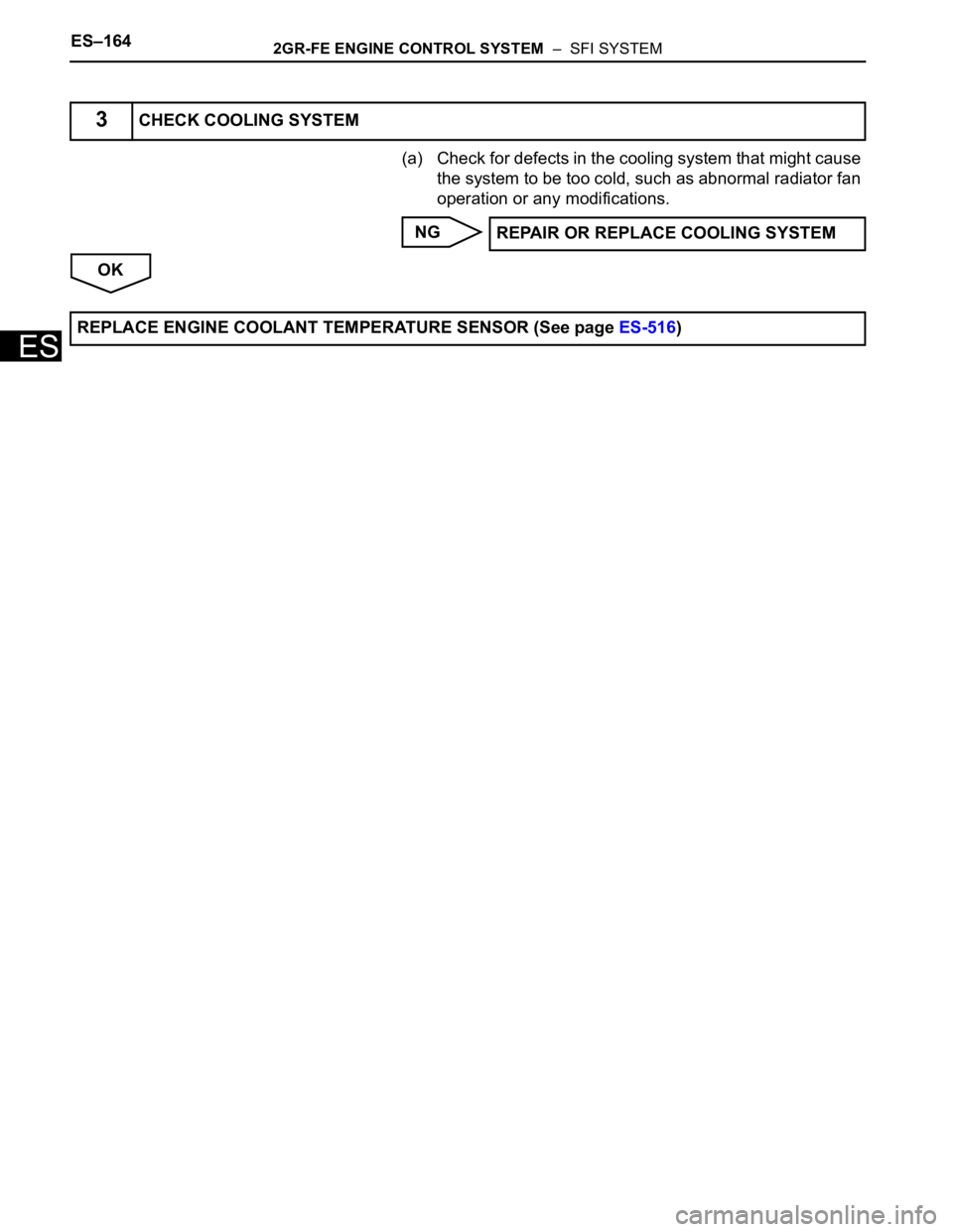 TOYOTA SIENNA 2007 Service Repair Manual ES–1642GR-FE ENGINE CONTROL SYSTEM – SFI SYSTEM
ES
(a) Check for defects in the cooling system that might cause
the system to be too cold, such as abnormal radiator fan
operation or any modifi TOYOTA SIENNA 2007 Service Repair Manual ES–1642GR-FE ENGINE CONTROL SYSTEM – SFI SYSTEM
ES
(a) Check for defects in the cooling system that might cause
the system to be too cold, such as abnormal radiator fan
operation or any modifi