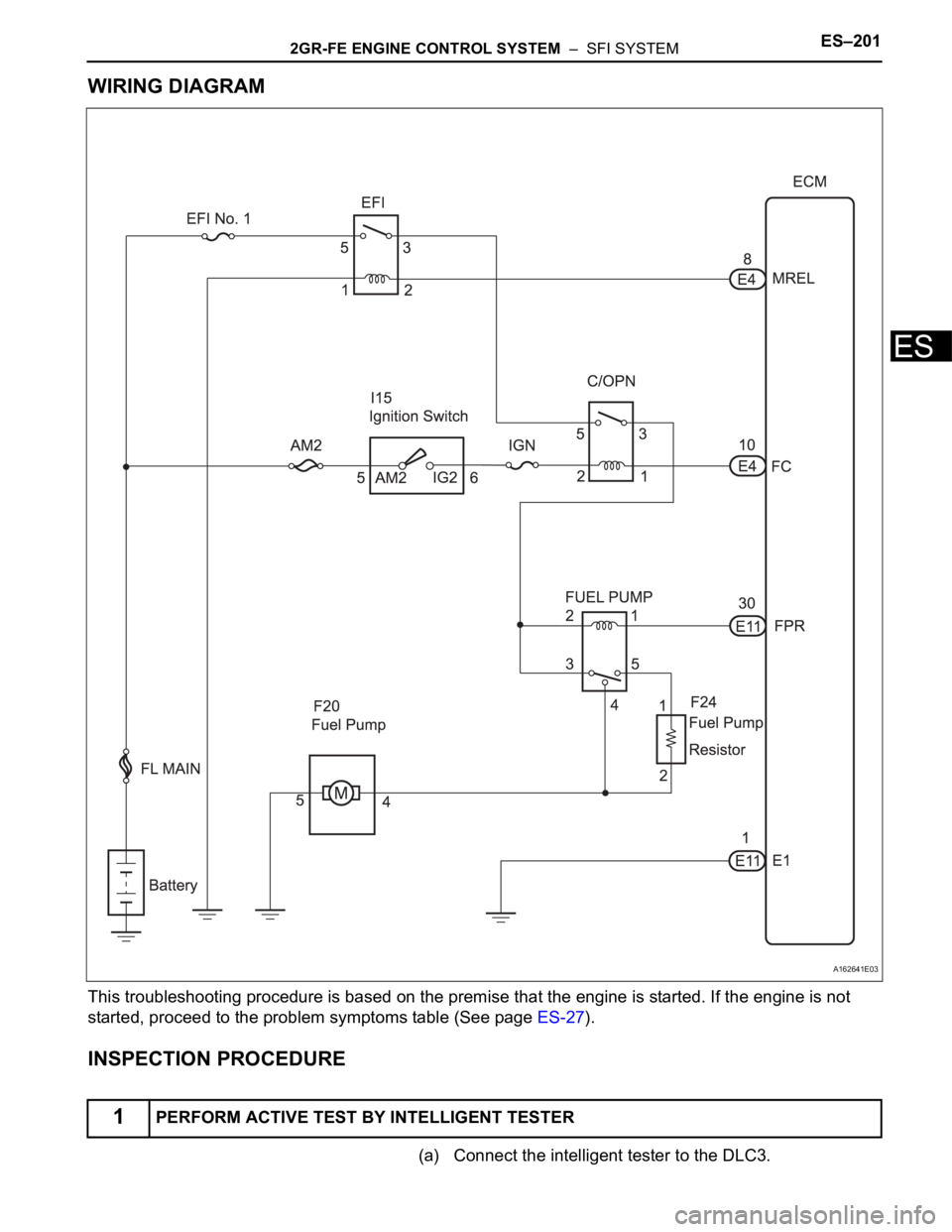 TOYOTA SIENNA 2007 Service Repair Manual 2GR-FE ENGINE CONTROL SYSTEM – SFI SYSTEMES–201
ES
WIRING DIAGRAM
This troubleshooting procedure is based on the premise that the engine is started. If the engine is not
started, proceed to the TOYOTA SIENNA 2007 Service Repair Manual 2GR-FE ENGINE CONTROL SYSTEM – SFI SYSTEMES–201
ES
WIRING DIAGRAM
This troubleshooting procedure is based on the premise that the engine is started. If the engine is not
started, proceed to the