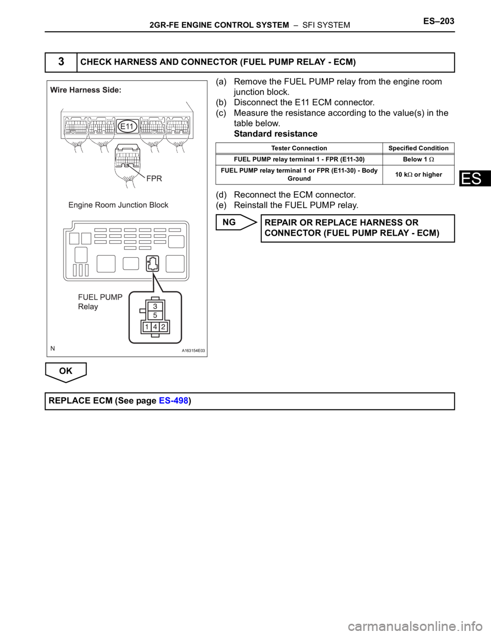 TOYOTA SIENNA 2007 Service Repair Manual 2GR-FE ENGINE CONTROL SYSTEM – SFI SYSTEMES–203
ES
(a) Remove the FUEL PUMP relay from the engine room
junction block.
(b) Disconnect the E11 ECM connector.
(c) Measure the resistance accordi TOYOTA SIENNA 2007 Service Repair Manual 2GR-FE ENGINE CONTROL SYSTEM – SFI SYSTEMES–203
ES
(a) Remove the FUEL PUMP relay from the engine room
junction block.
(b) Disconnect the E11 ECM connector.
(c) Measure the resistance accordi