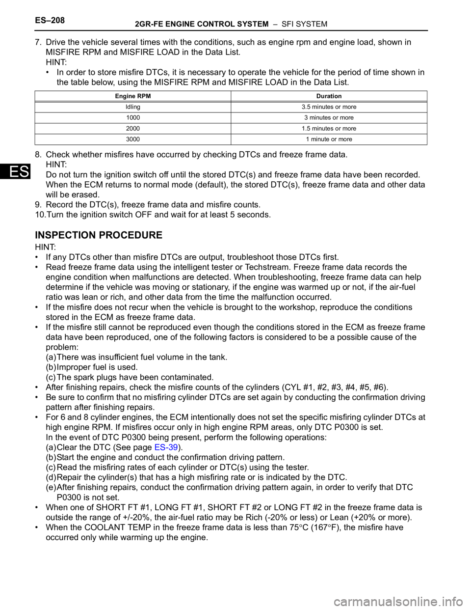 TOYOTA SIENNA 2007 Service Repair Manual ES–2082GR-FE ENGINE CONTROL SYSTEM – SFI SYSTEM
ES
7. Drive the vehicle several times with the conditions, such as engine rpm and engine load, shown in
MISFIRE RPM and MISFIRE LOAD in the Data TOYOTA SIENNA 2007 Service Repair Manual ES–2082GR-FE ENGINE CONTROL SYSTEM – SFI SYSTEM
ES
7. Drive the vehicle several times with the conditions, such as engine rpm and engine load, shown in
MISFIRE RPM and MISFIRE LOAD in the Data