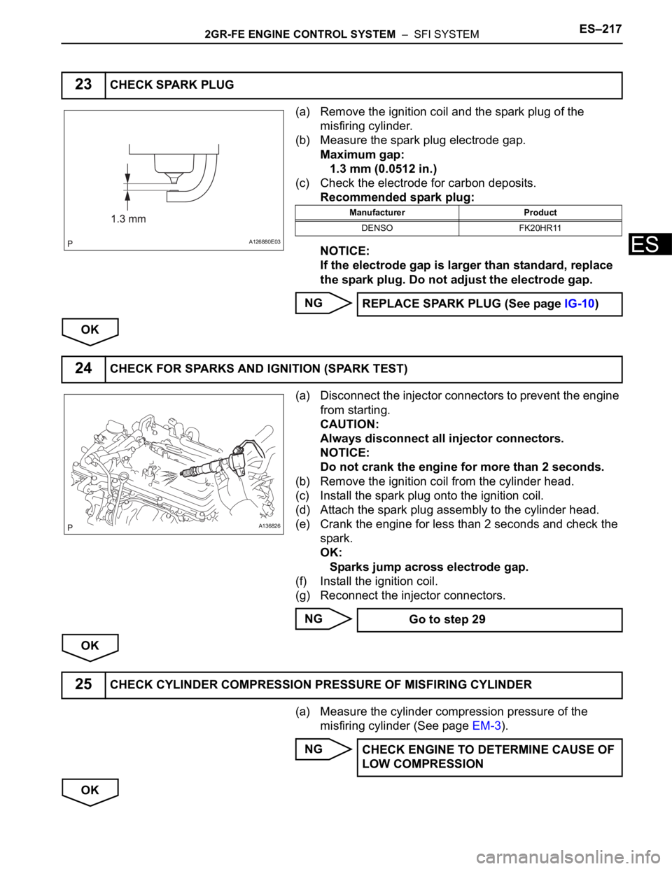 TOYOTA SIENNA 2007 Service Repair Manual 2GR-FE ENGINE CONTROL SYSTEM – SFI SYSTEMES–217
ES
(a) Remove the ignition coil and the spark plug of the
misfiring cylinder.
(b) Measure the spark plug electrode gap.
Maximum gap:
1.3 mm (0.05 TOYOTA SIENNA 2007 Service Repair Manual 2GR-FE ENGINE CONTROL SYSTEM – SFI SYSTEMES–217
ES
(a) Remove the ignition coil and the spark plug of the
misfiring cylinder.
(b) Measure the spark plug electrode gap.
Maximum gap:
1.3 mm (0.05