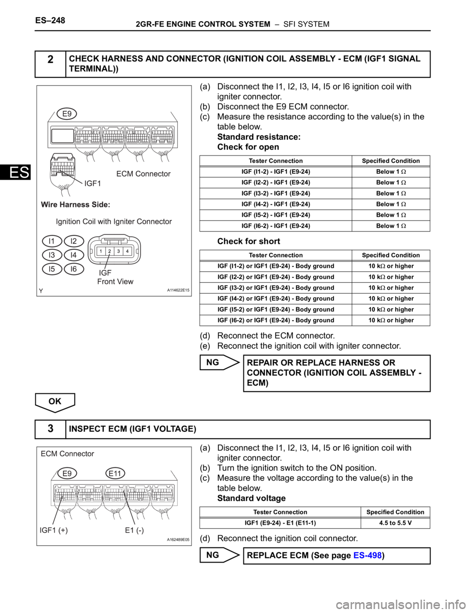 TOYOTA SIENNA 2007 Service Repair Manual ES–2482GR-FE ENGINE CONTROL SYSTEM – SFI SYSTEM
ES
(a) Disconnect the I1, I2, I3, I4, I5 or I6 ignition coil with
igniter connector.
(b) Disconnect the E9 ECM connector.
(c) Measure the resista TOYOTA SIENNA 2007 Service Repair Manual ES–2482GR-FE ENGINE CONTROL SYSTEM – SFI SYSTEM
ES
(a) Disconnect the I1, I2, I3, I4, I5 or I6 ignition coil with
igniter connector.
(b) Disconnect the E9 ECM connector.
(c) Measure the resista