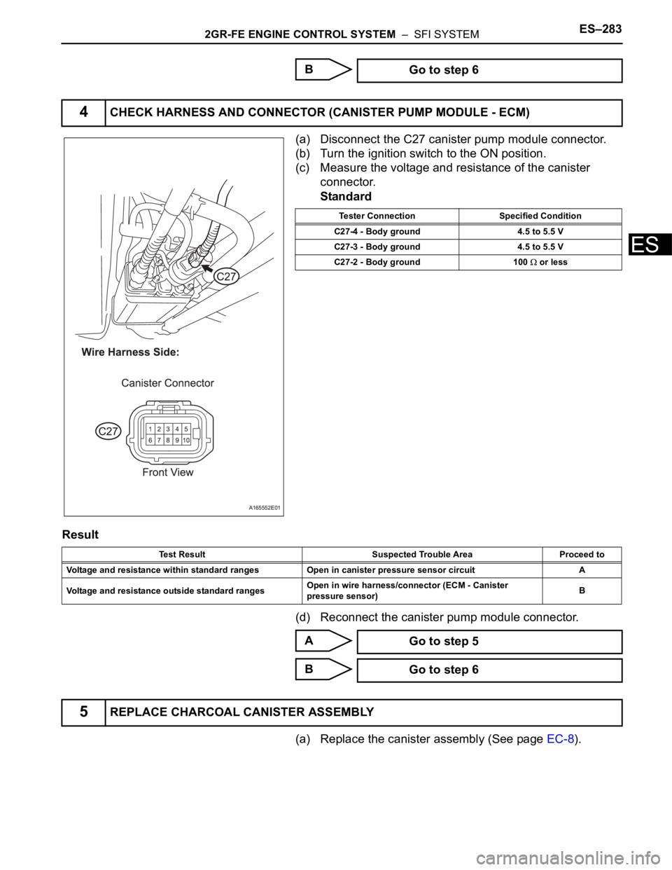 TOYOTA SIENNA 2007 Service Repair Manual 2GR-FE ENGINE CONTROL SYSTEM – SFI SYSTEMES–283
ES
B
(a) Disconnect the C27 canister pump module connector.
(b) Turn the ignition switch to the ON position.
(c) Measure the voltage and resistanc TOYOTA SIENNA 2007 Service Repair Manual 2GR-FE ENGINE CONTROL SYSTEM – SFI SYSTEMES–283
ES
B
(a) Disconnect the C27 canister pump module connector.
(b) Turn the ignition switch to the ON position.
(c) Measure the voltage and resistanc