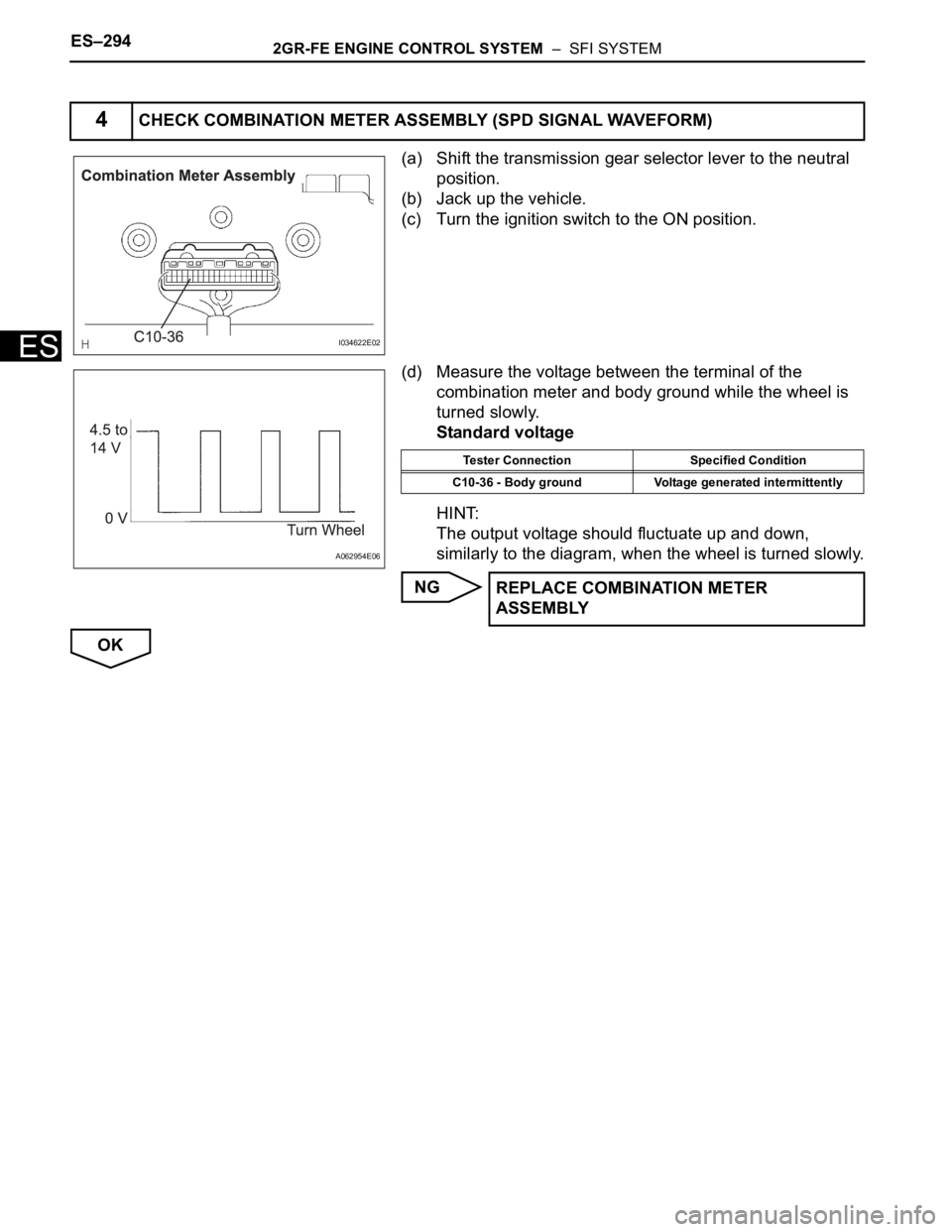 TOYOTA SIENNA 2007 Service Repair Manual ES–2942GR-FE ENGINE CONTROL SYSTEM – SFI SYSTEM
ES
(a) Shift the transmission gear selector lever to the neutral
position.
(b) Jack up the vehicle.
(c) Turn the ignition switch to the ON positi TOYOTA SIENNA 2007 Service Repair Manual ES–2942GR-FE ENGINE CONTROL SYSTEM – SFI SYSTEM
ES
(a) Shift the transmission gear selector lever to the neutral
position.
(b) Jack up the vehicle.
(c) Turn the ignition switch to the ON positi