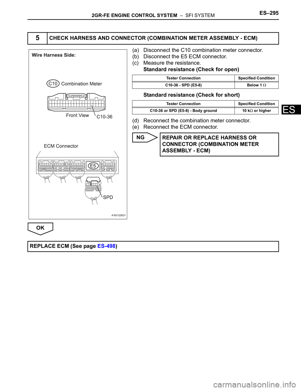 TOYOTA SIENNA 2007 Service Repair Manual 2GR-FE ENGINE CONTROL SYSTEM – SFI SYSTEMES–295
ES
(a) Disconnect the C10 combination meter connector.
(b) Disconnect the E5 ECM connector.
(c) Measure the resistance.
Standard resistance (Check TOYOTA SIENNA 2007 Service Repair Manual 2GR-FE ENGINE CONTROL SYSTEM – SFI SYSTEMES–295
ES
(a) Disconnect the C10 combination meter connector.
(b) Disconnect the E5 ECM connector.
(c) Measure the resistance.
Standard resistance (Check