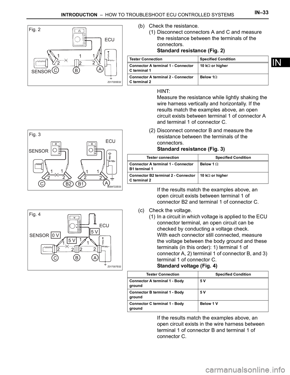 TOYOTA SIENNA 2007 Service Manual PDF INTRODUCTION – HOW TO TROUBLESHOOT ECU CONTROLLED SYSTEMSIN–33
IN
(b) Check the resistance.
(1) Disconnect connectors A and C and measure
the resistance between the terminals of the
connectors TOYOTA SIENNA 2007 Service Manual PDF INTRODUCTION – HOW TO TROUBLESHOOT ECU CONTROLLED SYSTEMSIN–33
IN
(b) Check the resistance.
(1) Disconnect connectors A and C and measure
the resistance between the terminals of the
connectors