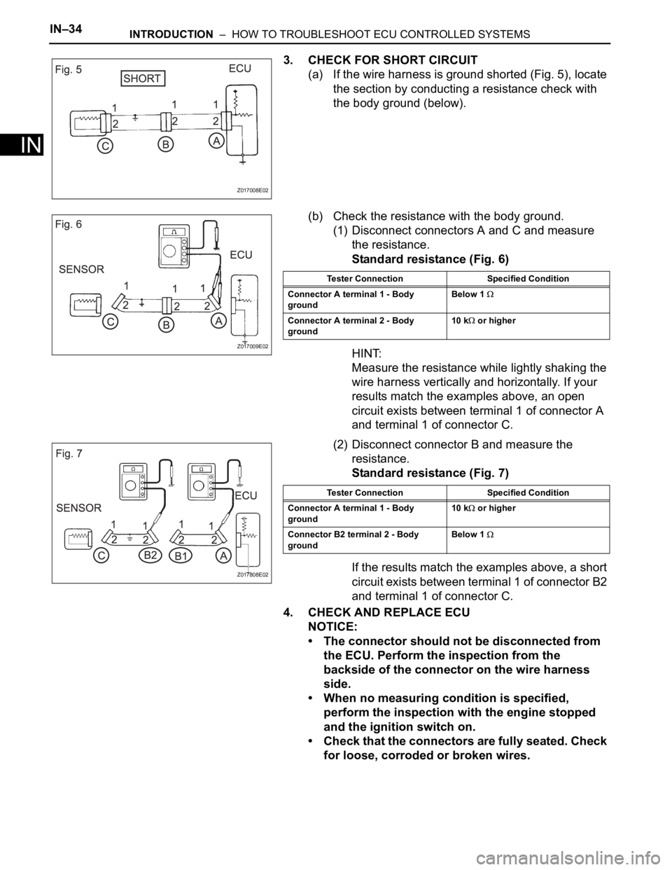 TOYOTA SIENNA 2007 Service Manual PDF IN–34INTRODUCTION – HOW TO TROUBLESHOOT ECU CONTROLLED SYSTEMS
IN
3. CHECK FOR SHORT CIRCUIT
(a) If the wire harness is ground shorted (Fig. 5), locate
the section by conducting a resistance ch TOYOTA SIENNA 2007 Service Manual PDF IN–34INTRODUCTION – HOW TO TROUBLESHOOT ECU CONTROLLED SYSTEMS
IN
3. CHECK FOR SHORT CIRCUIT
(a) If the wire harness is ground shorted (Fig. 5), locate
the section by conducting a resistance ch
