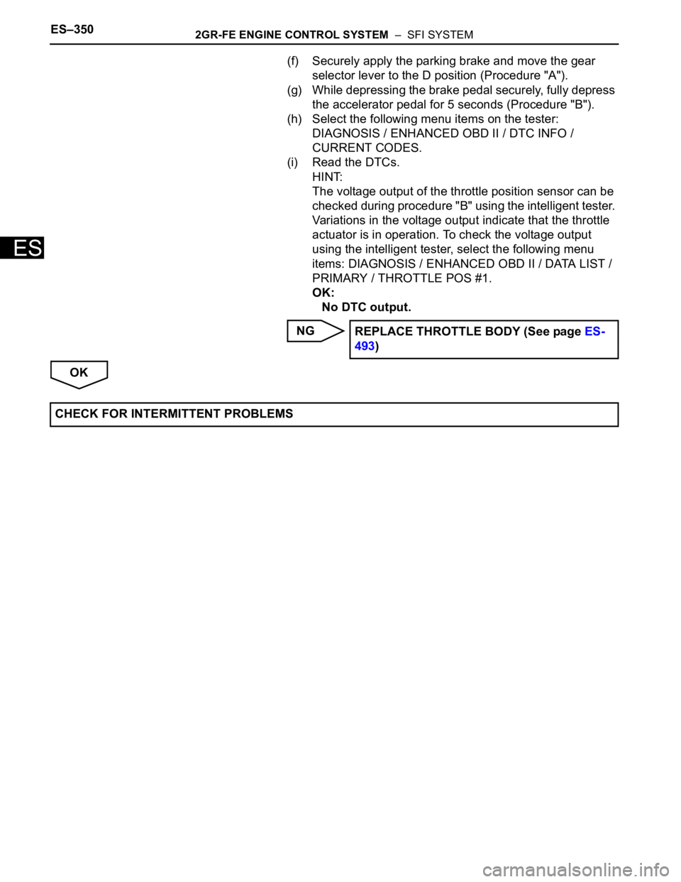 TOYOTA SIENNA 2007 Service Repair Manual ES–3502GR-FE ENGINE CONTROL SYSTEM – SFI SYSTEM
ES
(f) Securely apply the parking brake and move the gear
selector lever to the D position (Procedure "A").
(g) While depressing the brak TOYOTA SIENNA 2007 Service Repair Manual ES–3502GR-FE ENGINE CONTROL SYSTEM – SFI SYSTEM
ES
(f) Securely apply the parking brake and move the gear
selector lever to the D position (Procedure "A").
(g) While depressing the brak