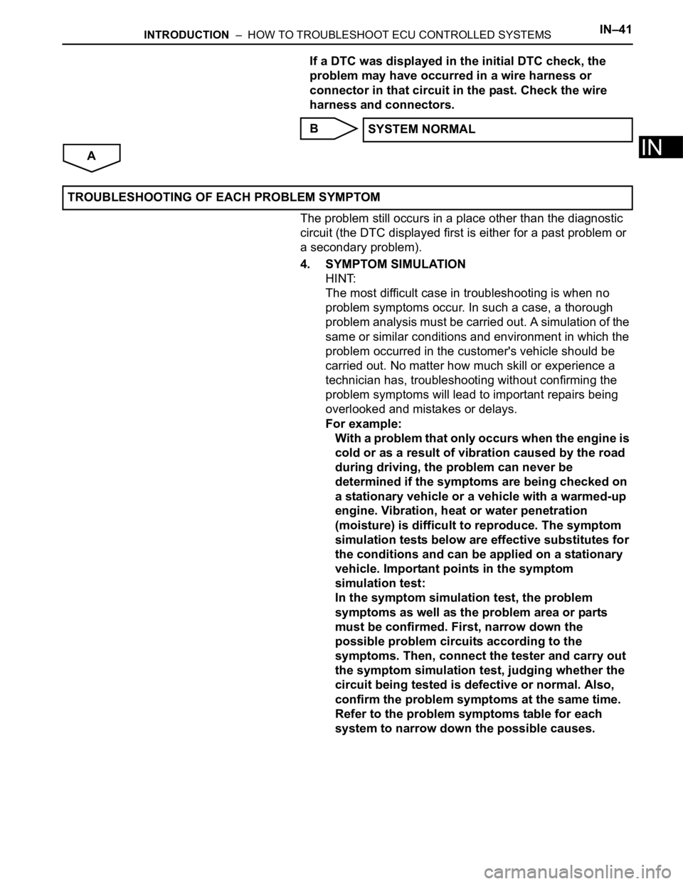 TOYOTA SIENNA 2007  Service Manual PDF INTRODUCTION  –  HOW TO TROUBLESHOOT ECU CONTROLLED SYSTEMSIN–41
IN
If a DTC was displayed in the initial DTC check, the 
problem may have occurred in a wire harness or 
connector in that circuit 