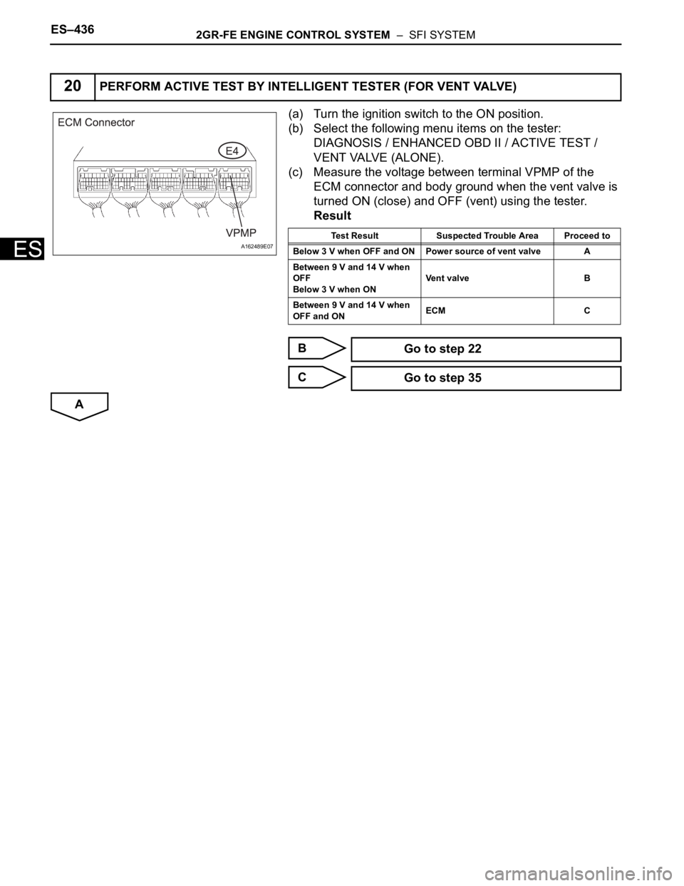 TOYOTA SIENNA 2007 Service Repair Manual ES–4362GR-FE ENGINE CONTROL SYSTEM – SFI SYSTEM
ES
(a) Turn the ignition switch to the ON position.
(b) Select the following menu items on the tester:
DIAGNOSIS / ENHANCED OBD II / ACTIVE TEST TOYOTA SIENNA 2007 Service Repair Manual ES–4362GR-FE ENGINE CONTROL SYSTEM – SFI SYSTEM
ES
(a) Turn the ignition switch to the ON position.
(b) Select the following menu items on the tester:
DIAGNOSIS / ENHANCED OBD II / ACTIVE TEST
