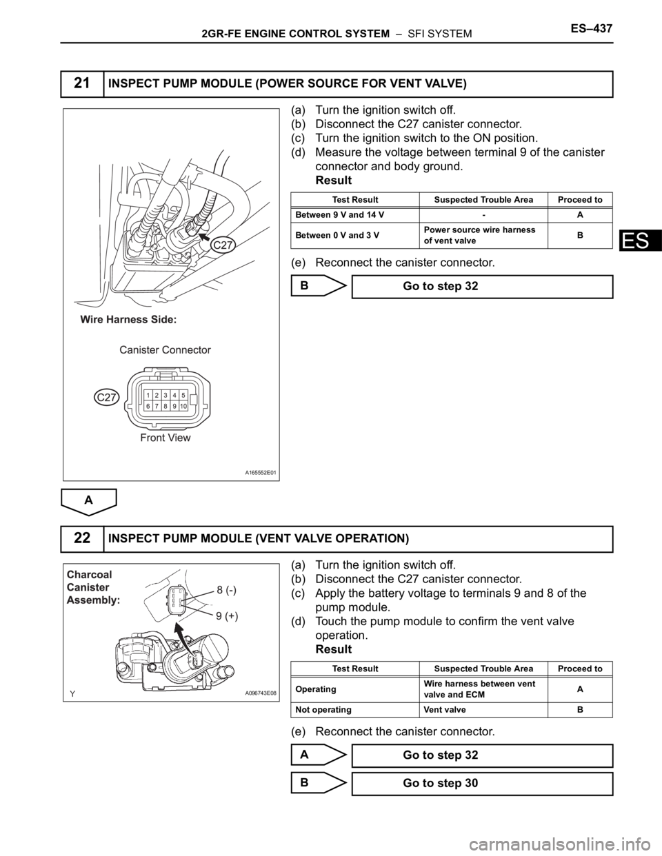 TOYOTA SIENNA 2007 Service Repair Manual 2GR-FE ENGINE CONTROL SYSTEM – SFI SYSTEMES–437
ES
(a) Turn the ignition switch off.
(b) Disconnect the C27 canister connector.
(c) Turn the ignition switch to the ON position.
(d) Measure the v TOYOTA SIENNA 2007 Service Repair Manual 2GR-FE ENGINE CONTROL SYSTEM – SFI SYSTEMES–437
ES
(a) Turn the ignition switch off.
(b) Disconnect the C27 canister connector.
(c) Turn the ignition switch to the ON position.
(d) Measure the v