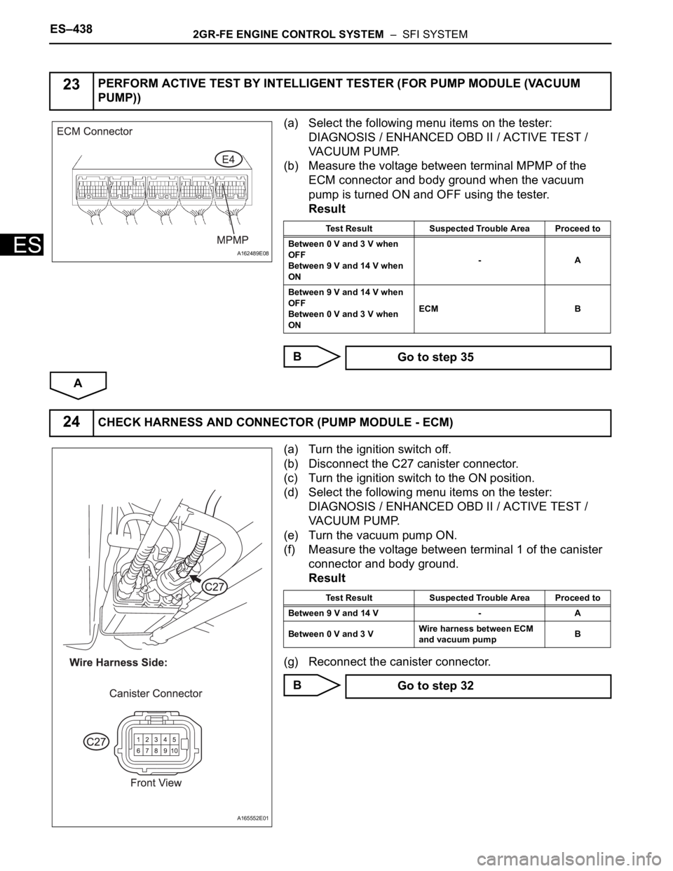 TOYOTA SIENNA 2007 Service Repair Manual ES–4382GR-FE ENGINE CONTROL SYSTEM – SFI SYSTEM
ES
(a) Select the following menu items on the tester:
DIAGNOSIS / ENHANCED OBD II / ACTIVE TEST /
VACUUM PUMP.
(b) Measure the voltage between t TOYOTA SIENNA 2007 Service Repair Manual ES–4382GR-FE ENGINE CONTROL SYSTEM – SFI SYSTEM
ES
(a) Select the following menu items on the tester:
DIAGNOSIS / ENHANCED OBD II / ACTIVE TEST /
VACUUM PUMP.
(b) Measure the voltage between t