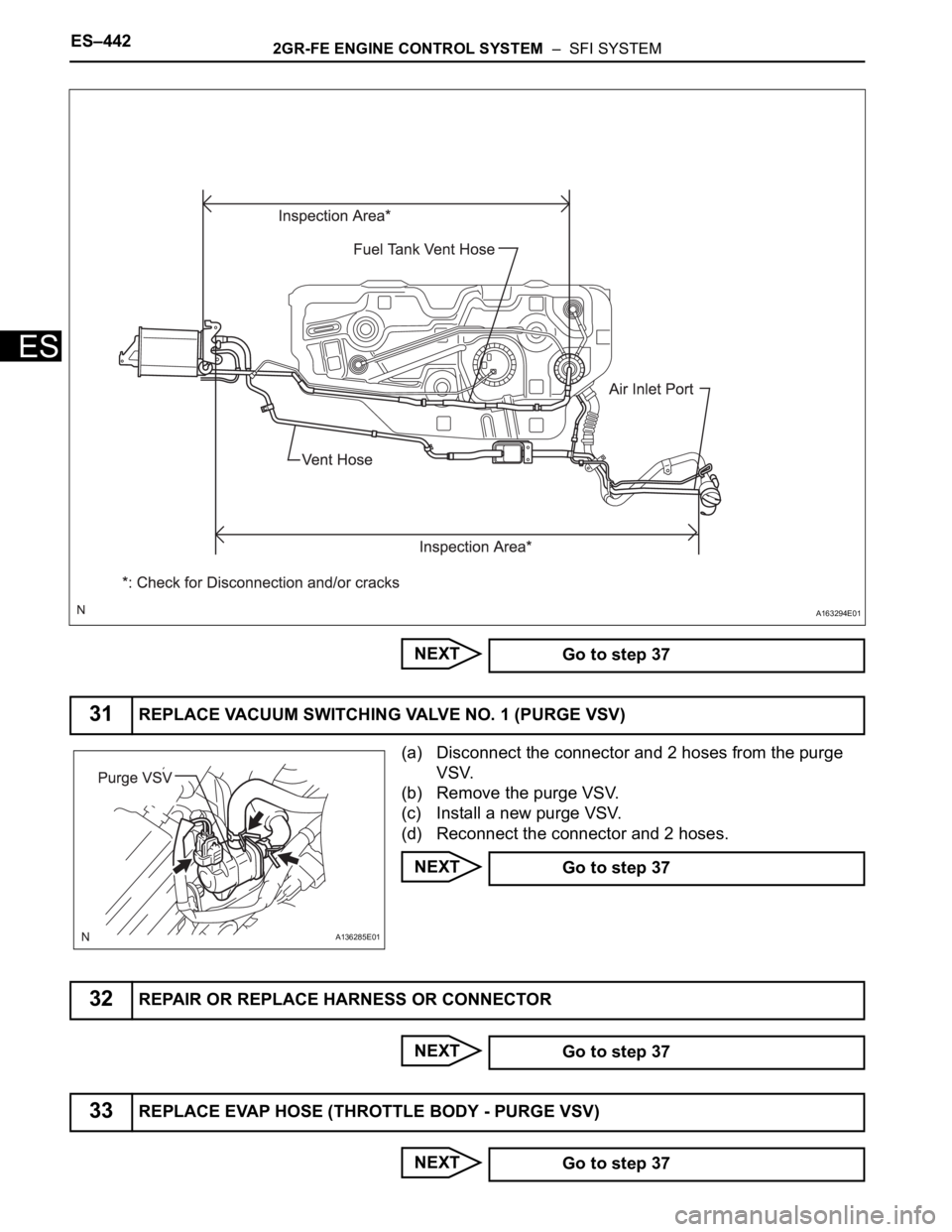 TOYOTA SIENNA 2007 Service Repair Manual ES–4422GR-FE ENGINE CONTROL SYSTEM – SFI SYSTEM
ES
NEXT
(a) Disconnect the connector and 2 hoses from the purge
VSV.
(b) Remove the purge VSV.
(c) Install a new purge VSV.
(d) Reconnect the con TOYOTA SIENNA 2007 Service Repair Manual ES–4422GR-FE ENGINE CONTROL SYSTEM – SFI SYSTEM
ES
NEXT
(a) Disconnect the connector and 2 hoses from the purge
VSV.
(b) Remove the purge VSV.
(c) Install a new purge VSV.
(d) Reconnect the con