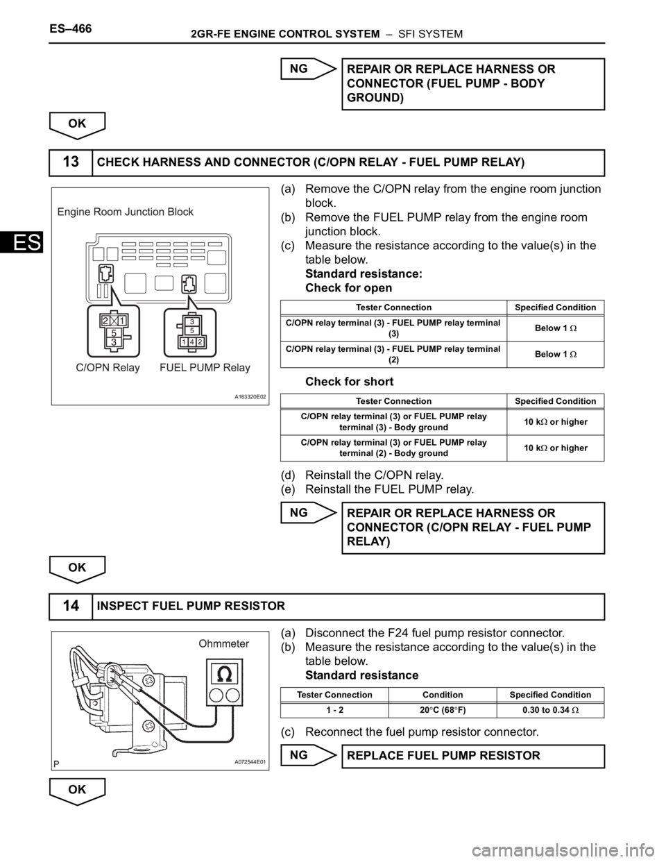 TOYOTA SIENNA 2007  Service Repair Manual ES–4662GR-FE ENGINE CONTROL SYSTEM  –  SFI SYSTEM
ES
NG
OK
(a) Remove the C/OPN relay from the engine room junction 
block.
(b) Remove the FUEL PUMP relay from the engine room 
junction block.
(c)