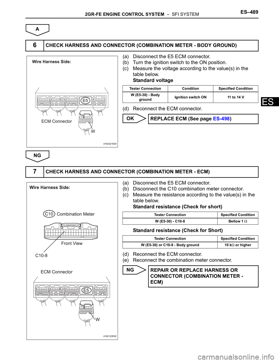 TOYOTA SIENNA 2007  Service Repair Manual 2GR-FE ENGINE CONTROL SYSTEM  –  SFI SYSTEMES–489
ES
A
(a) Disconnect the E5 ECM connector.
(b) Turn the ignition switch to the ON position.
(c) Measure the voltage according to the value(s) in th