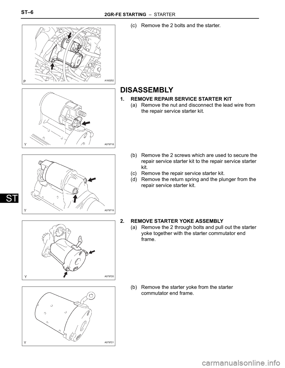 TOYOTA SIENNA 2007  Service Manual Online ST–62GR-FE STARTING  –  STARTER
ST
(c) Remove the 2 bolts and the starter.
DISASSEMBLY
1. REMOVE REPAIR SERVICE STARTER KIT
(a) Remove the nut and disconnect the lead wire from 
the repair service