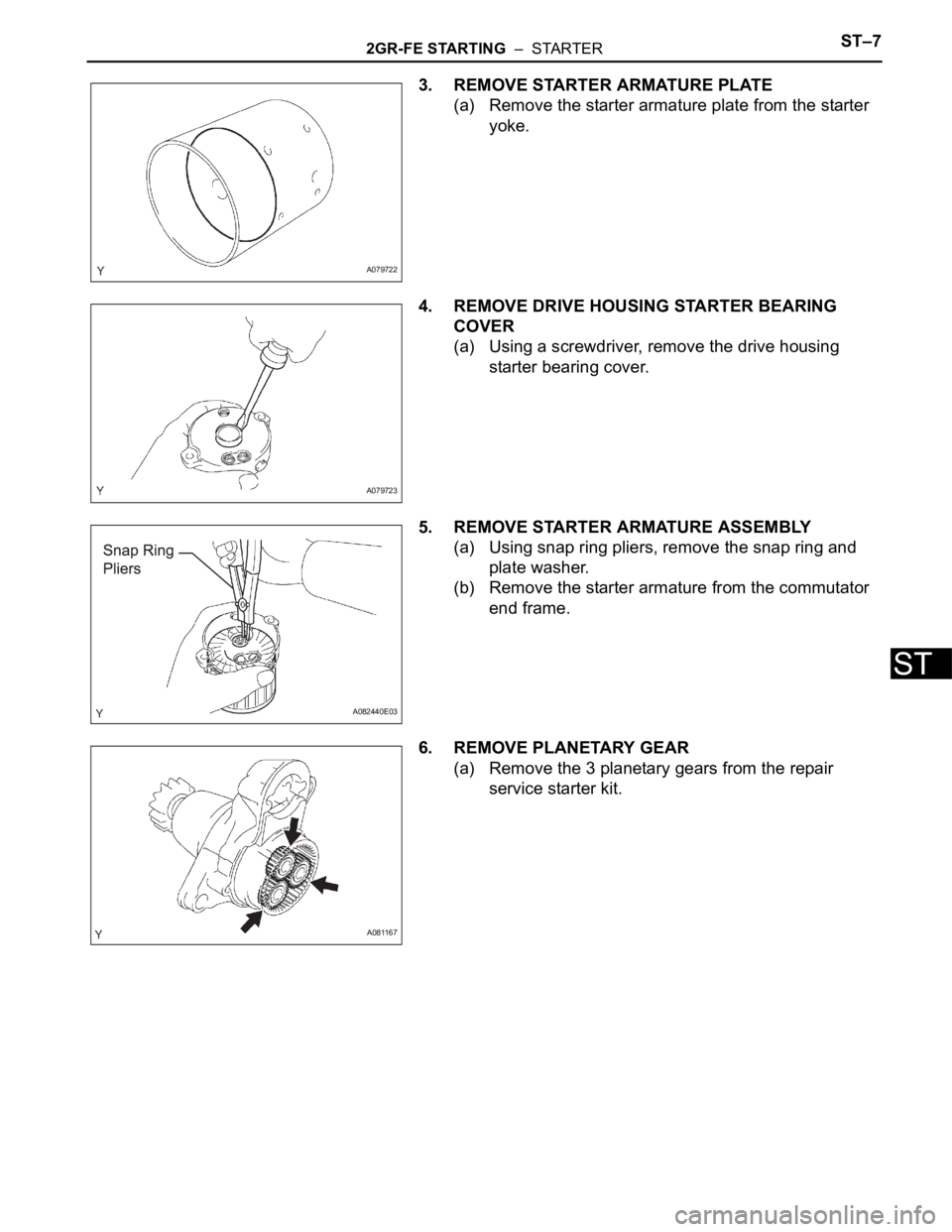 TOYOTA SIENNA 2007  Service Manual Online 2GR-FE STARTING  –  STARTERST–7
ST
3. REMOVE STARTER ARMATURE PLATE
(a) Remove the starter armature plate from the starter 
yoke.  
4. REMOVE DRIVE HOUSING STARTER BEARING 
COVER
(a) Using a screw