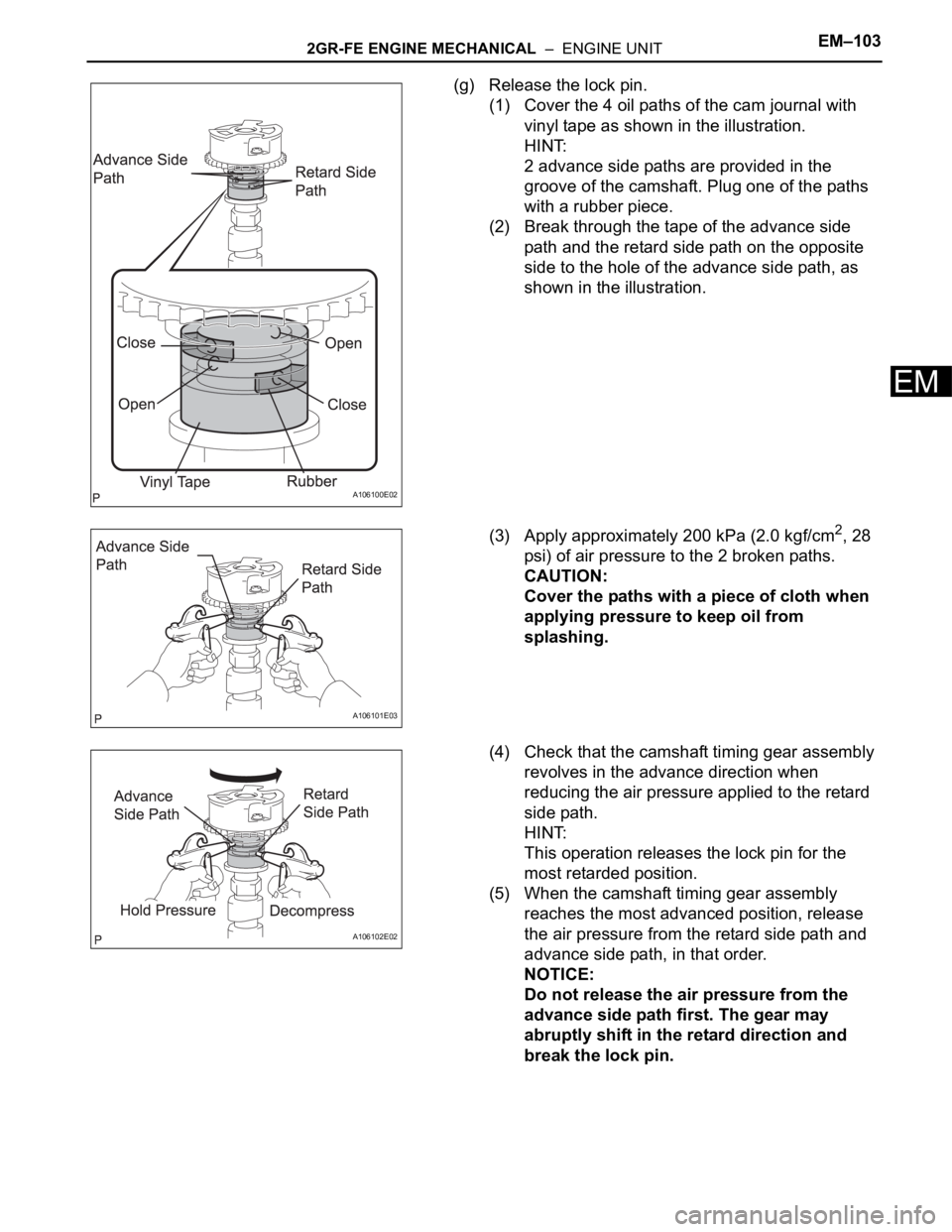 TOYOTA SIENNA 2007  Service Repair Manual 2GR-FE ENGINE MECHANICAL  –  ENGINE UNITEM–103
EM
(g) Release the lock pin.
(1) Cover the 4 oil paths of the cam journal with 
vinyl tape as shown in the illustration.
HINT:
2 advance side paths a